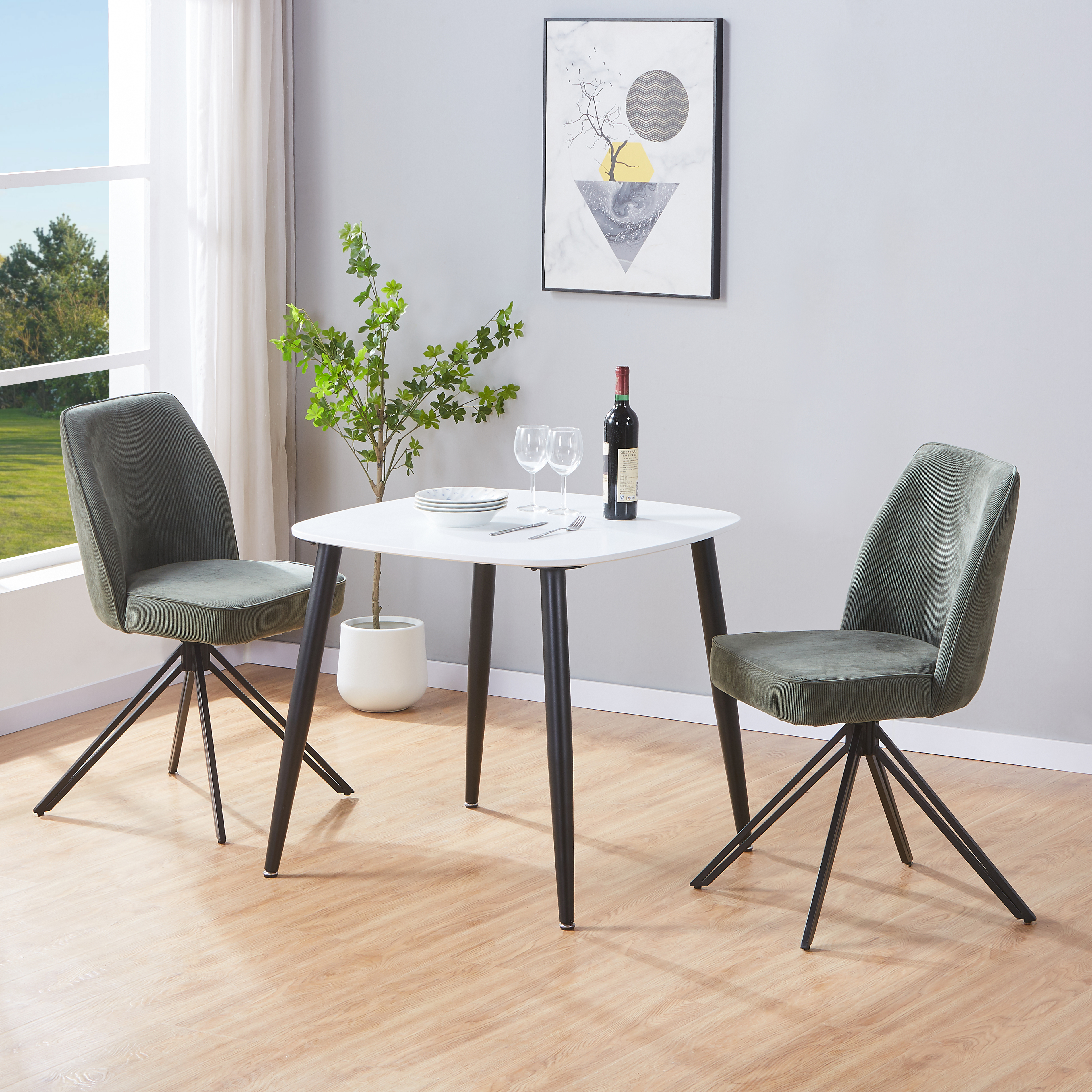 NEXO Square Dining Table with 2 Swivel Fabric Chairs - White with Green - Colton & Sawyer