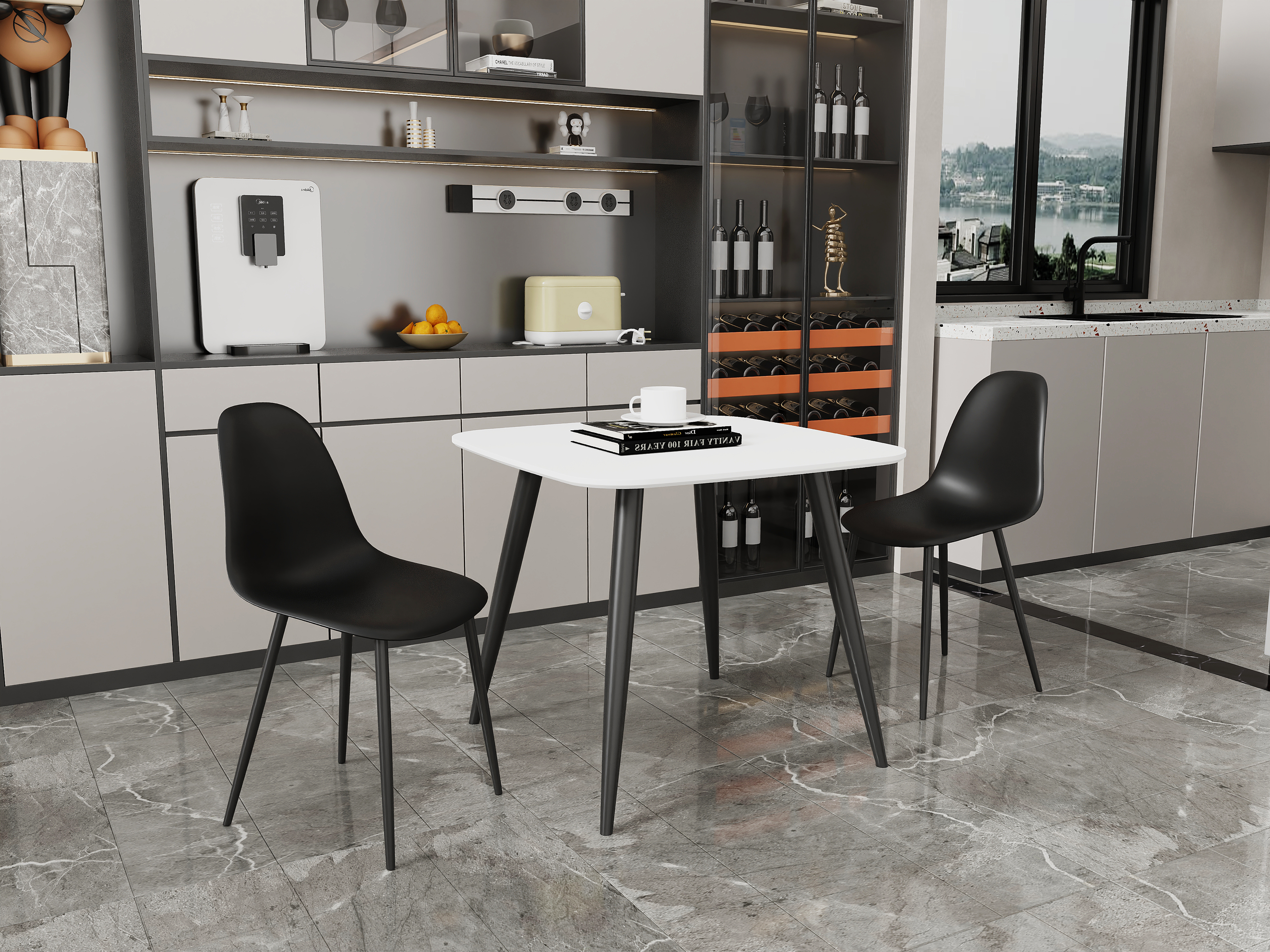 NEXO Square Dining Table with 2 Curve Plastic Chairs - White with Black - Colton & Sawyer