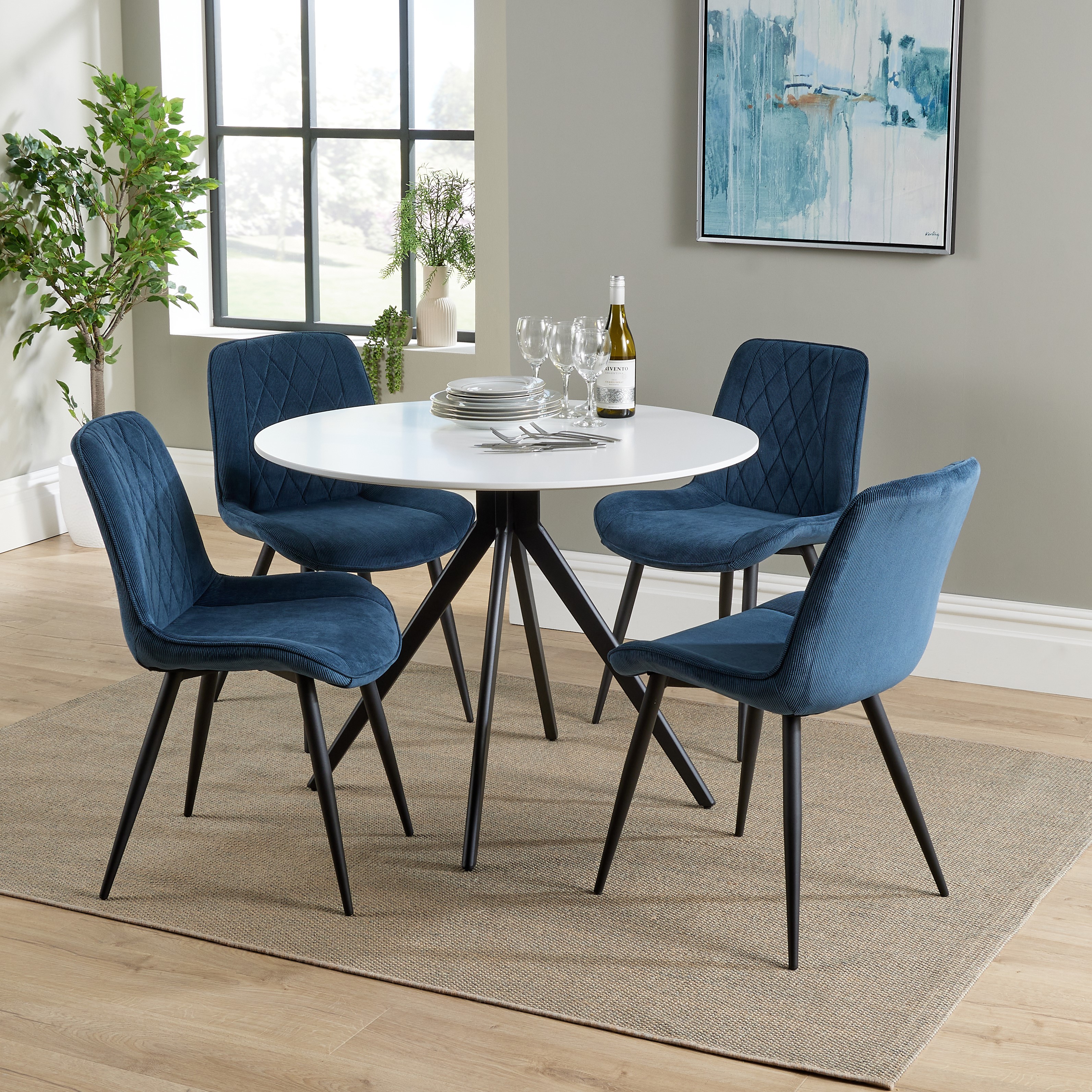 NEXO Round Dining Table with 4 Diamond Stitch Fabric Chairs - White with Blue - Colton & Sawyer