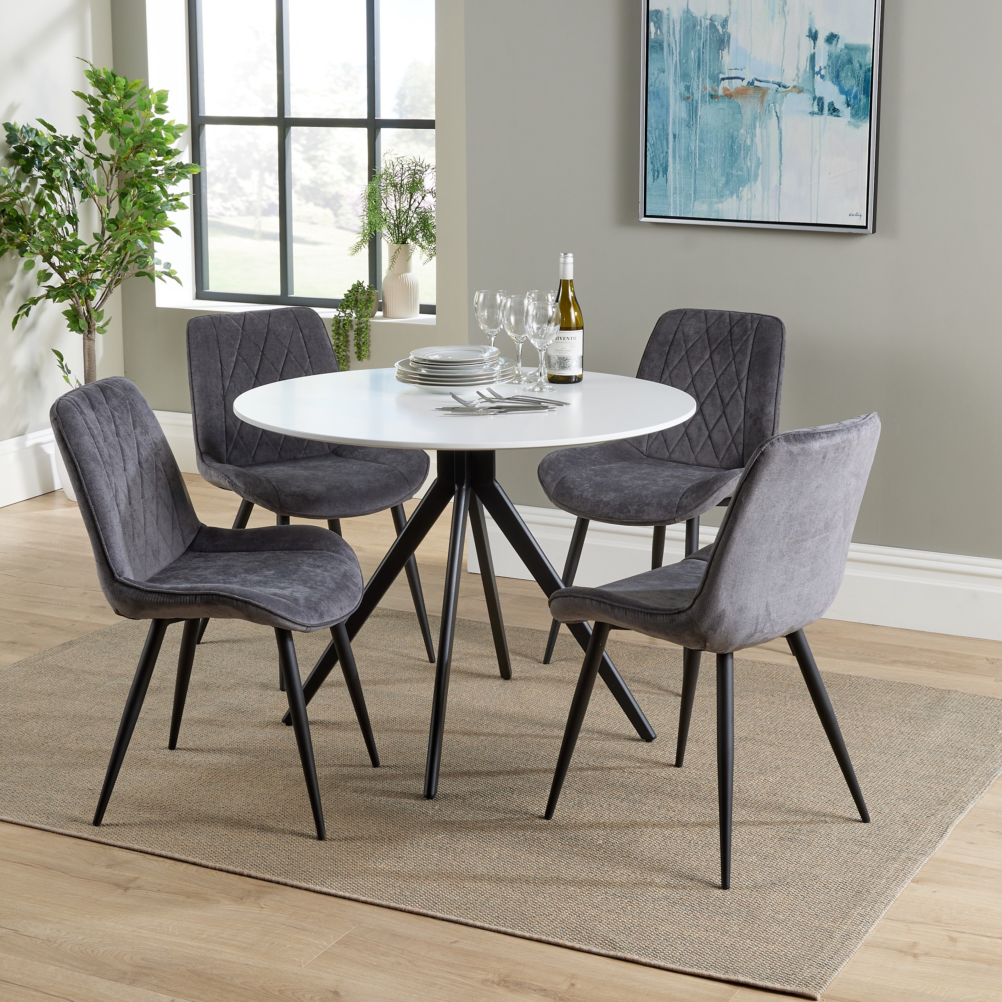 NEXO Round Dining Table with 4 Diamond Stitch Fabric Chairs - White with Grey - Colton & Sawyer