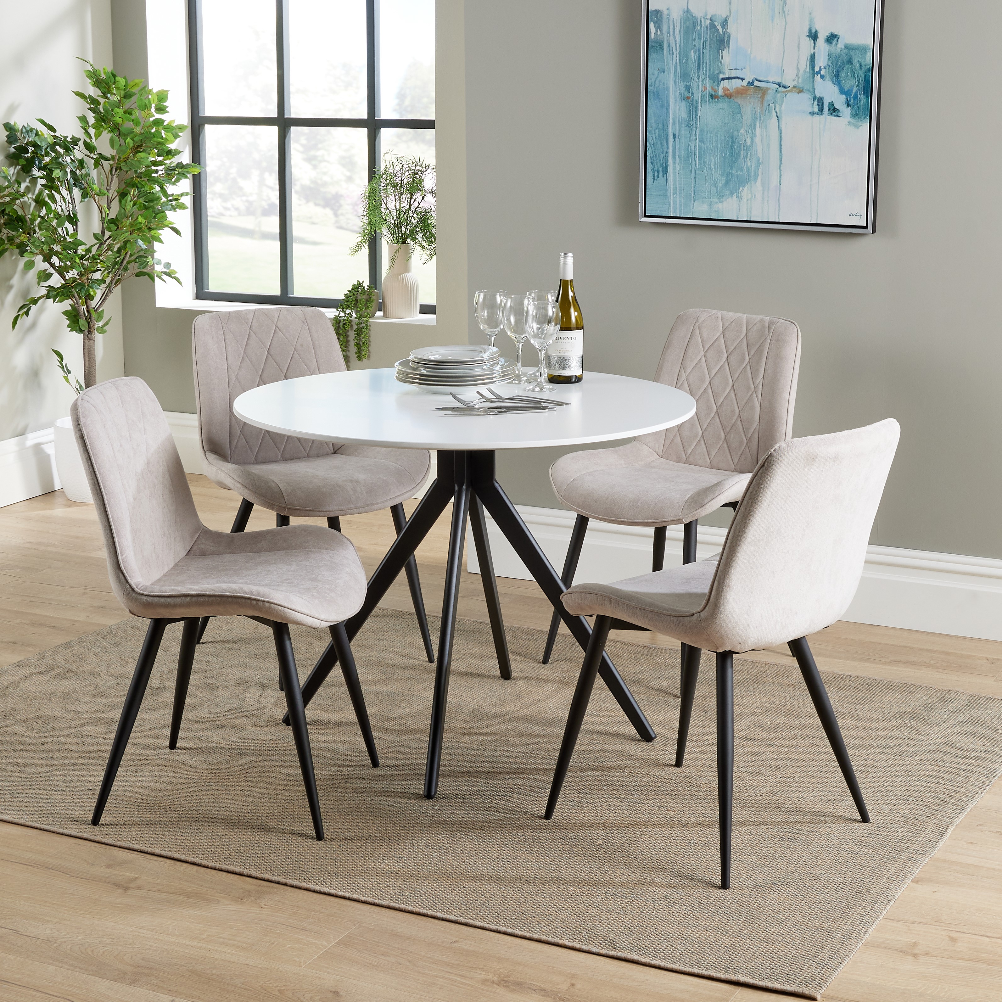 NEXO Round Dining Table with 4 Diamond Stitch Fabric Chairs - White with Natural - Colton & Sawyer
