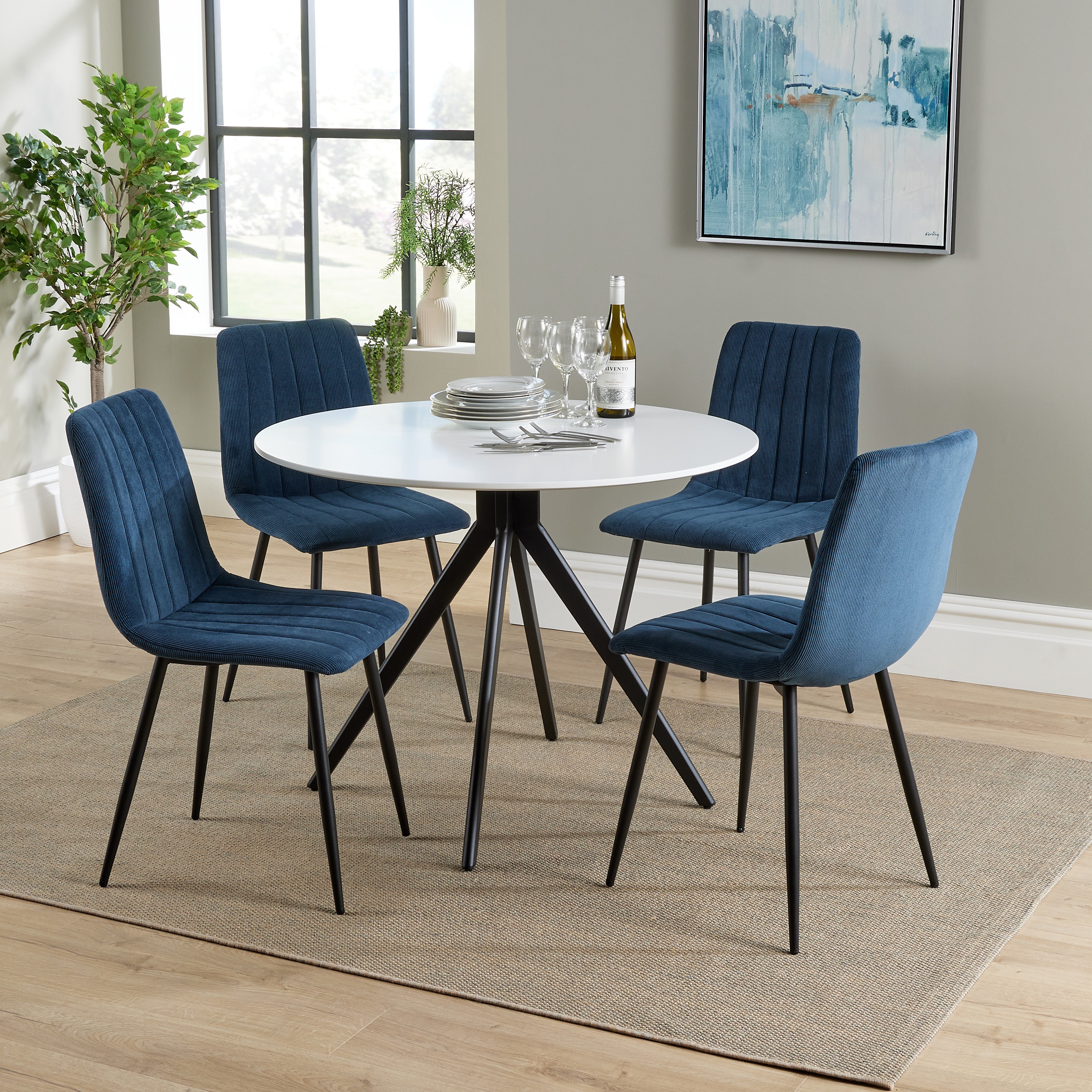 NEXO Round Dining Table with 4 Straight Stitch Fabric Chairs - White with Blue - Colton & Sawyer