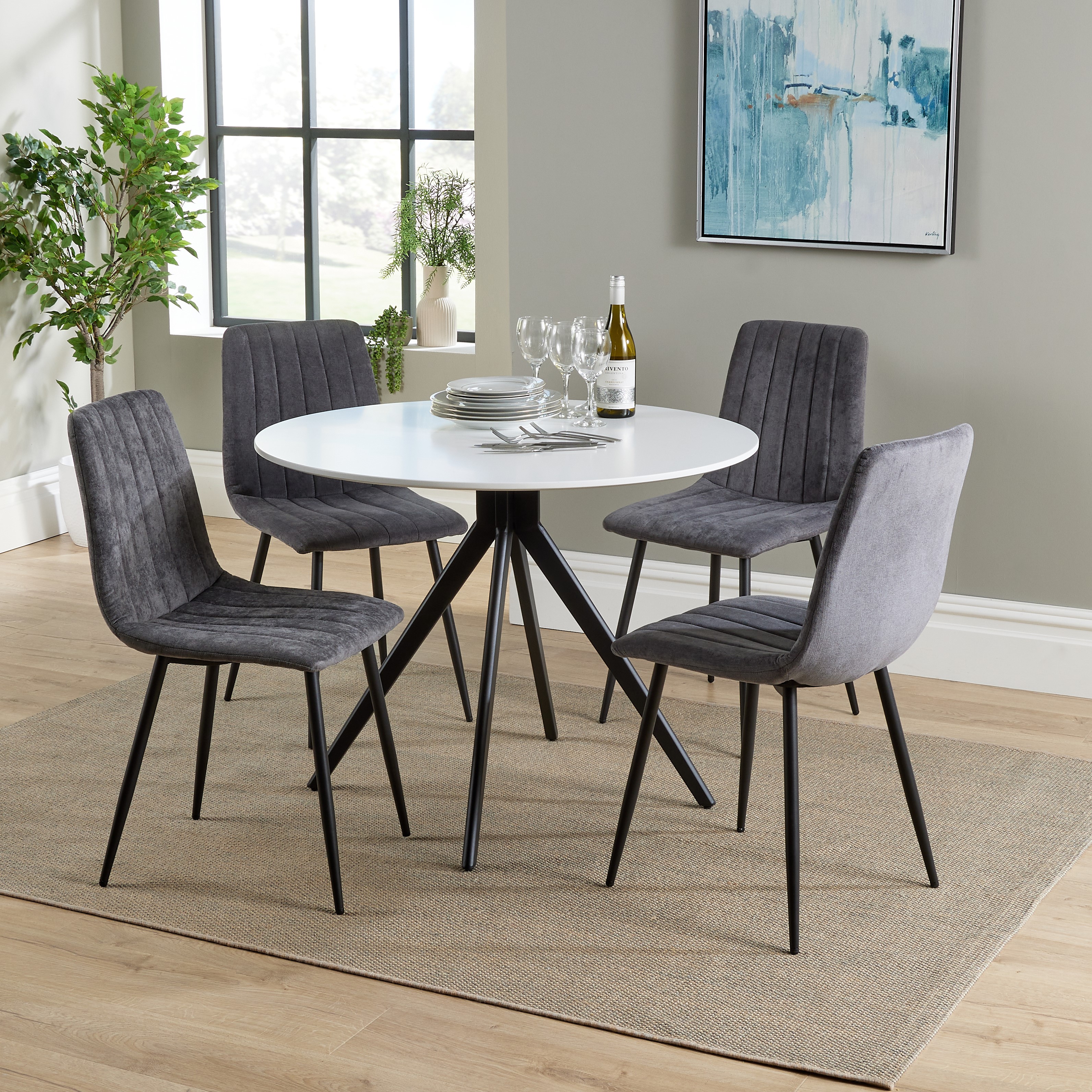 NEXO Round Dining Table with 4 Straight Stitch Fabric Chairs - White with Grey - Colton & Sawyer