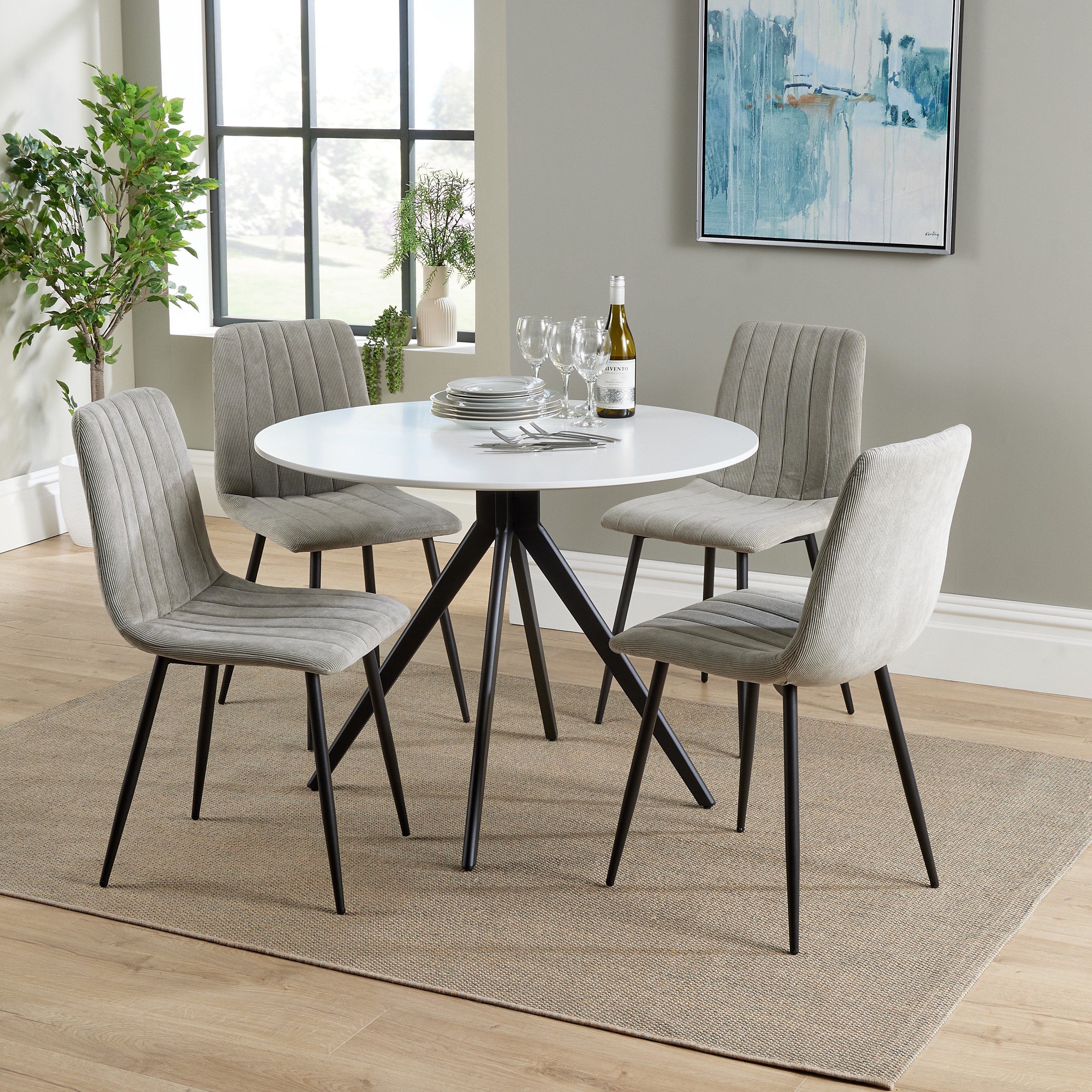 NEXO Round Dining Table with 4 Straight Stitch Fabric Chairs - White with Light Grey - Colton & Sawyer