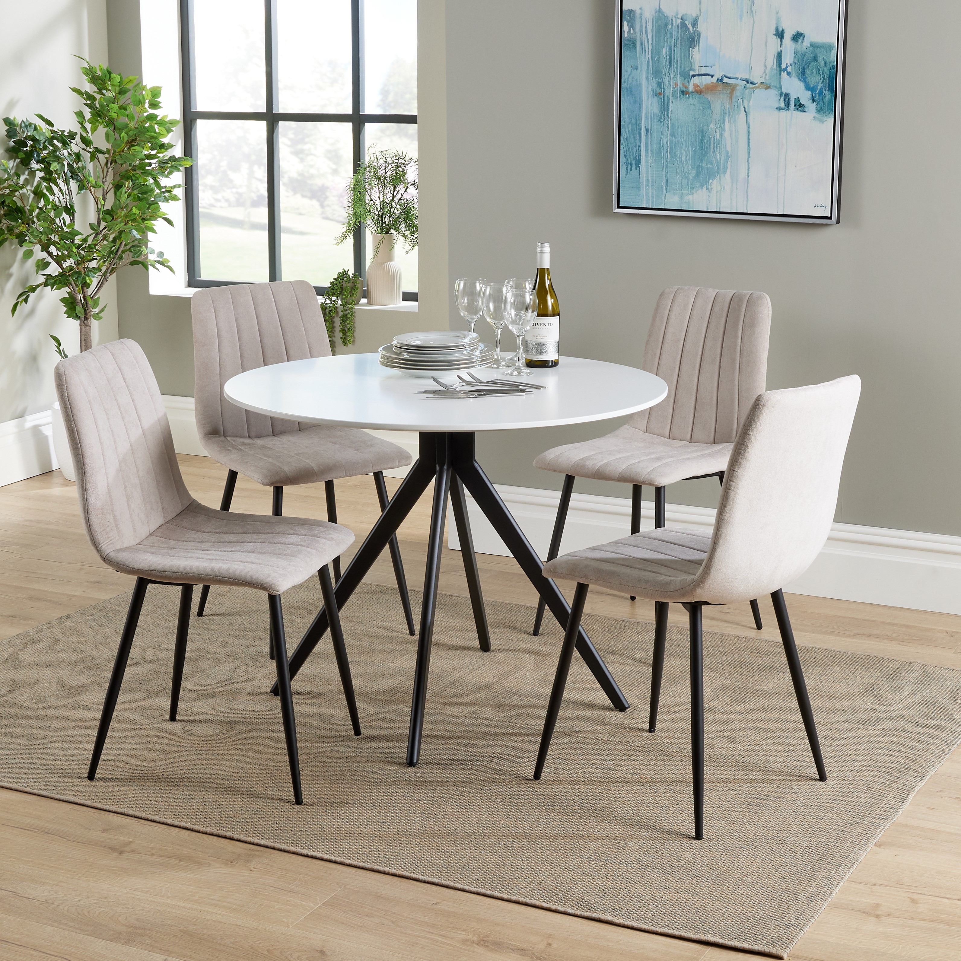 NEXO Round Dining Table with 4 Straight Stitch Fabric Chairs - White with Natural - Colton & Sawyer