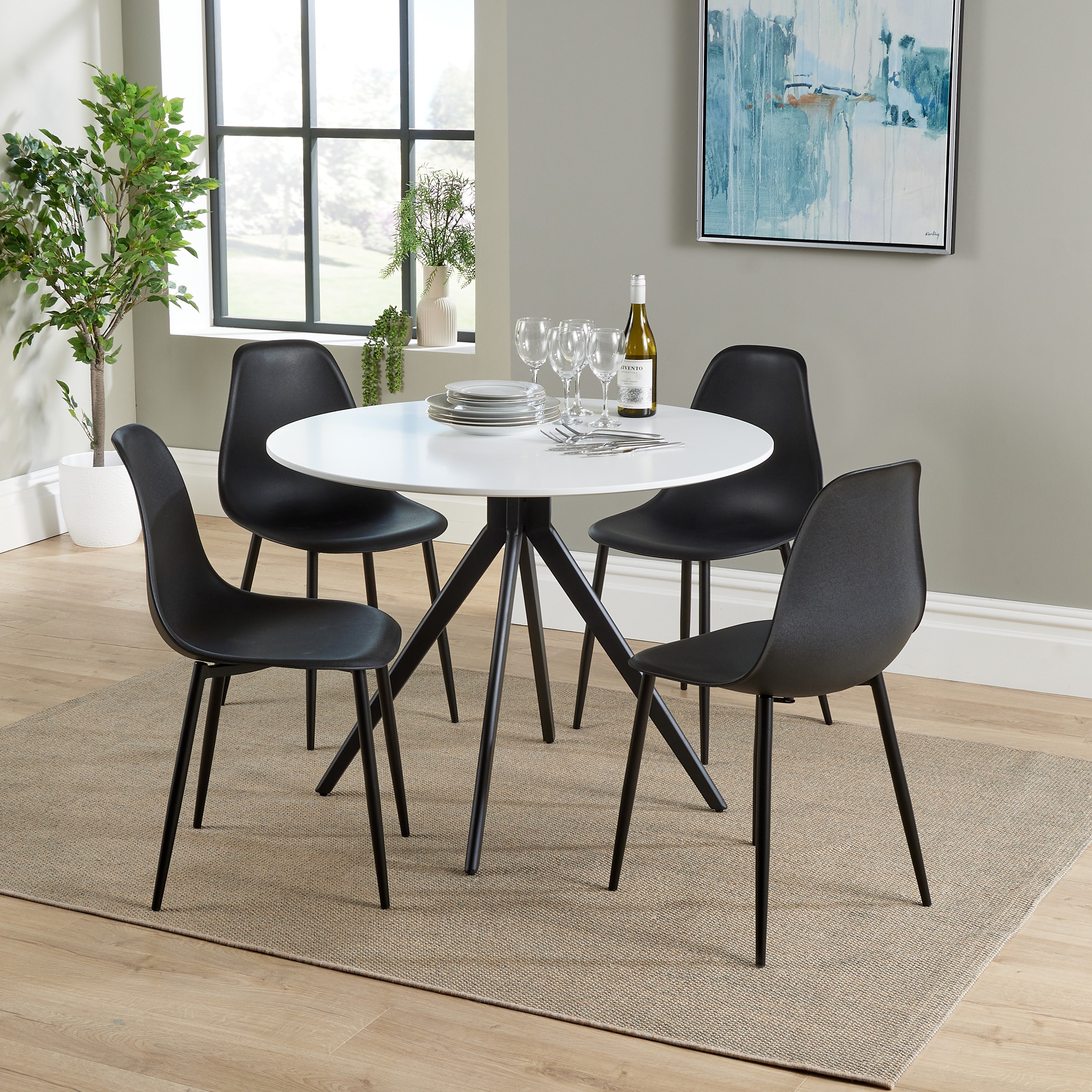 NEXO Round Dining Table with 4 Curve Plastic Chairs - White with Black - Colton & Sawyer