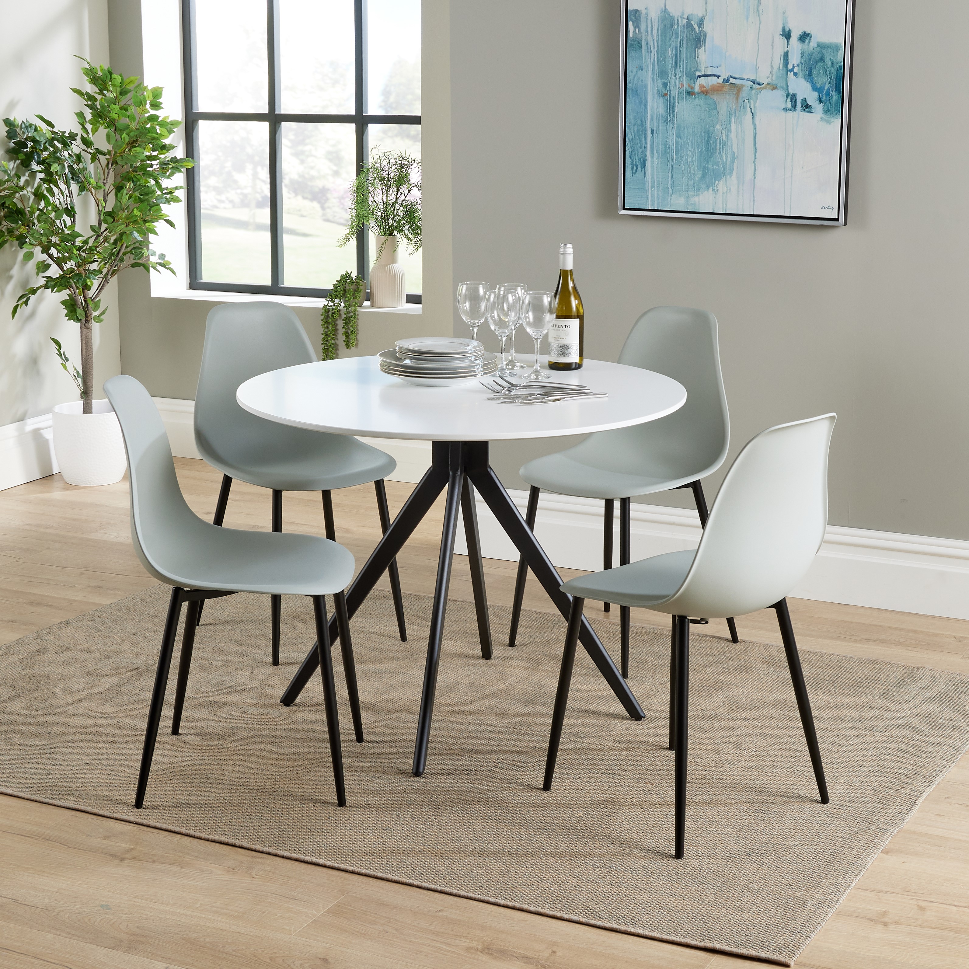 NEXO Round Dining Table with 4 Curve Plastic Chairs - White with Grey - Colton & Sawyer