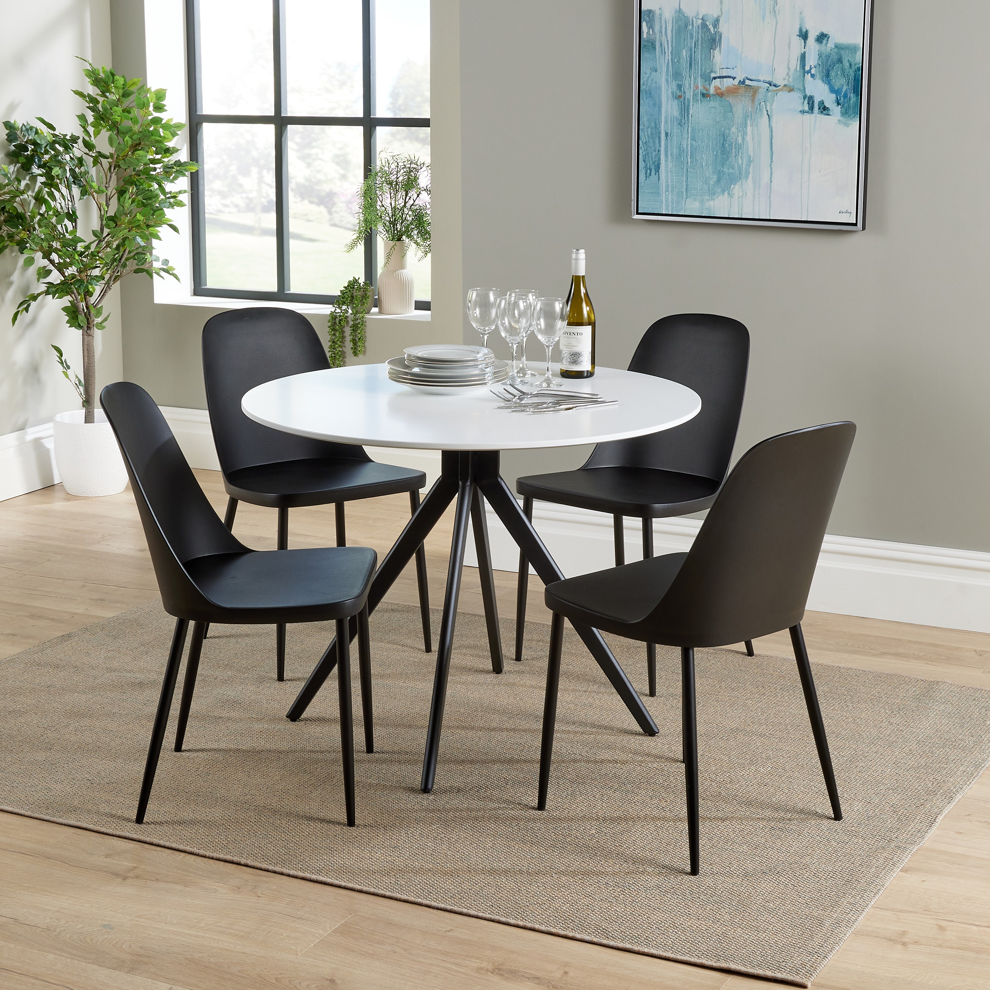 NEXO Round Dining Table with 4 Duo Plastic Chairs - White with Black - Colton & Sawyer