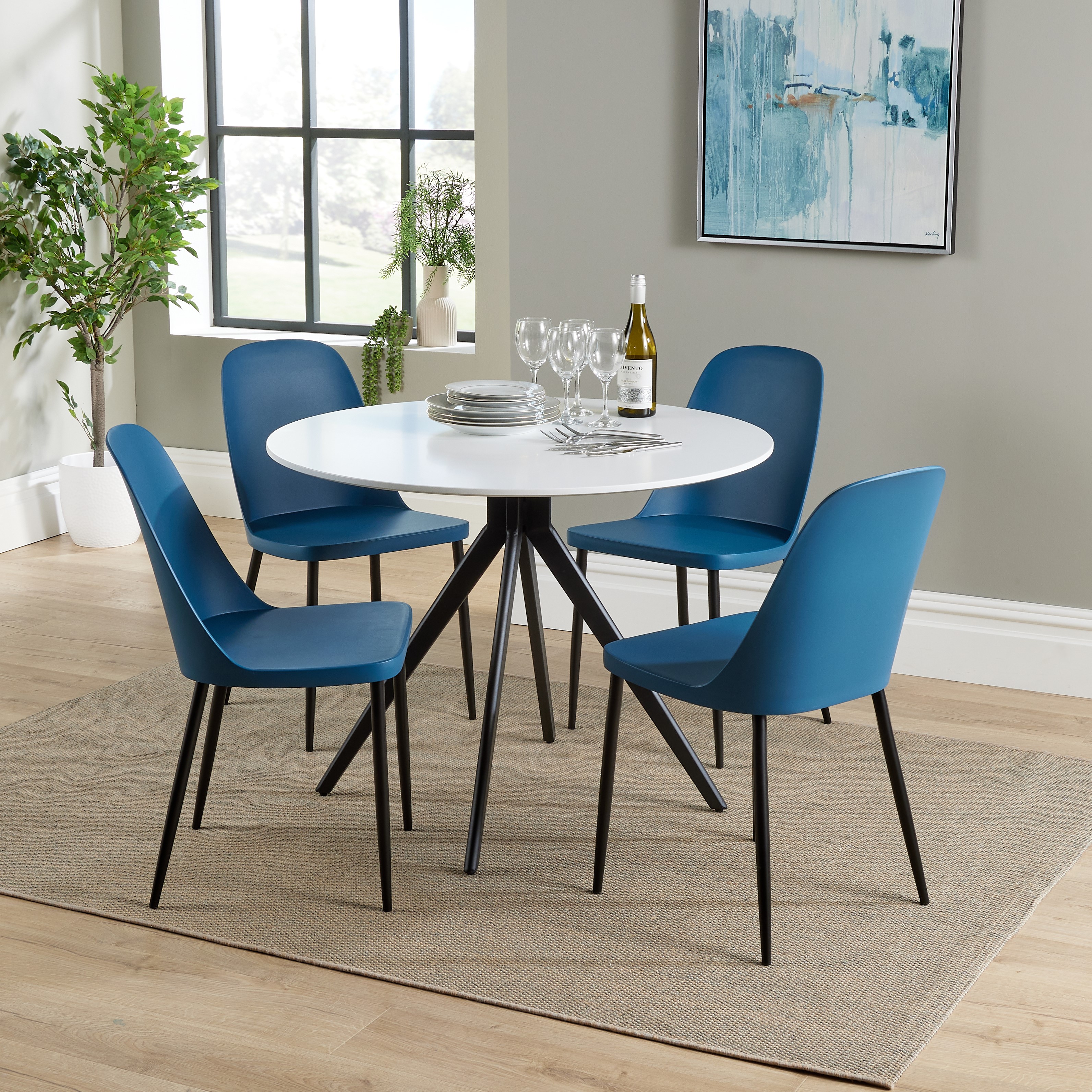 NEXO Round Dining Table with 4 Duo Plastic Chairs - White with Blue - Colton & Sawyer