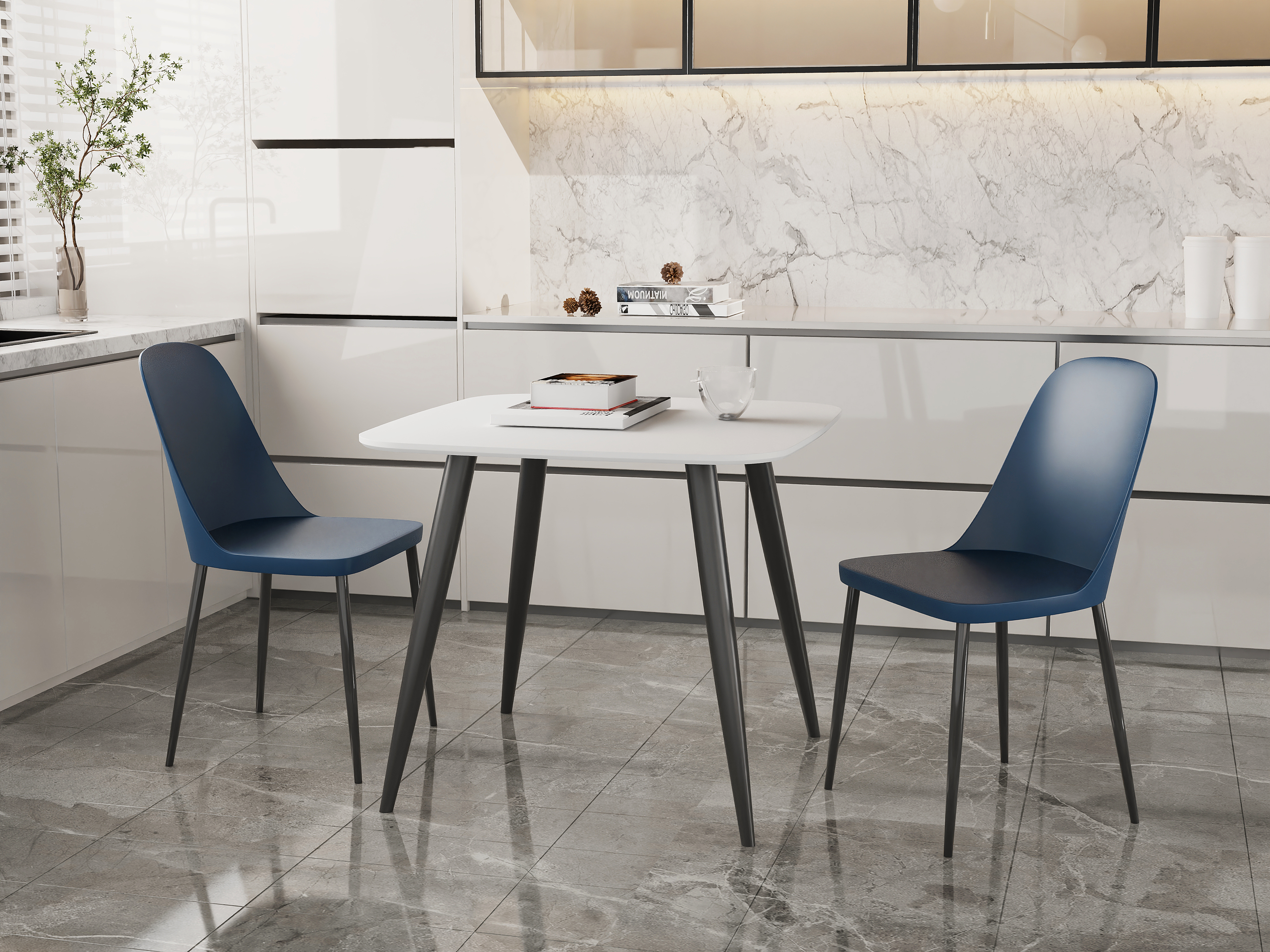 NEXO Square Dining Table with 2 Duo Plastic Chairs - White with Blue - Colton & Sawyer