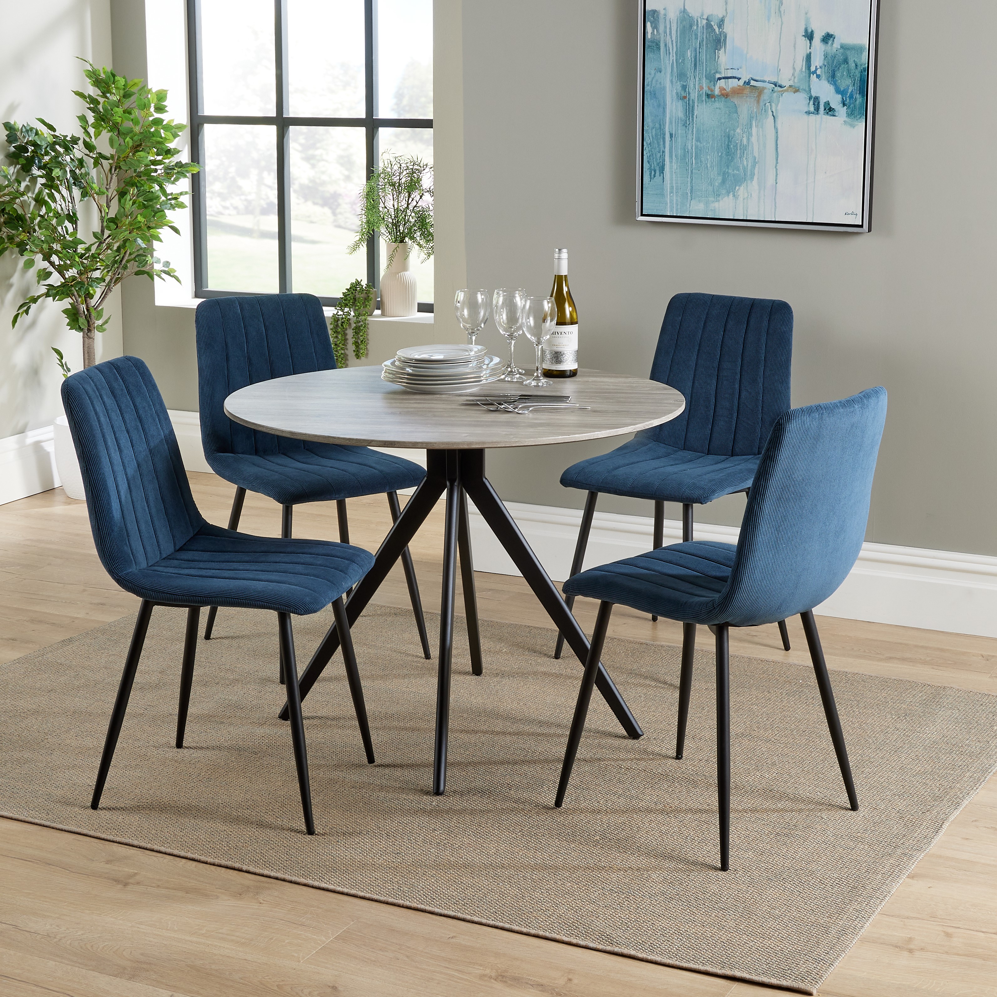 NEXO Round Dining Table with 4 Straight Stitch Fabric Chairs - Grey Oak with Blue - Colton & Sawyer