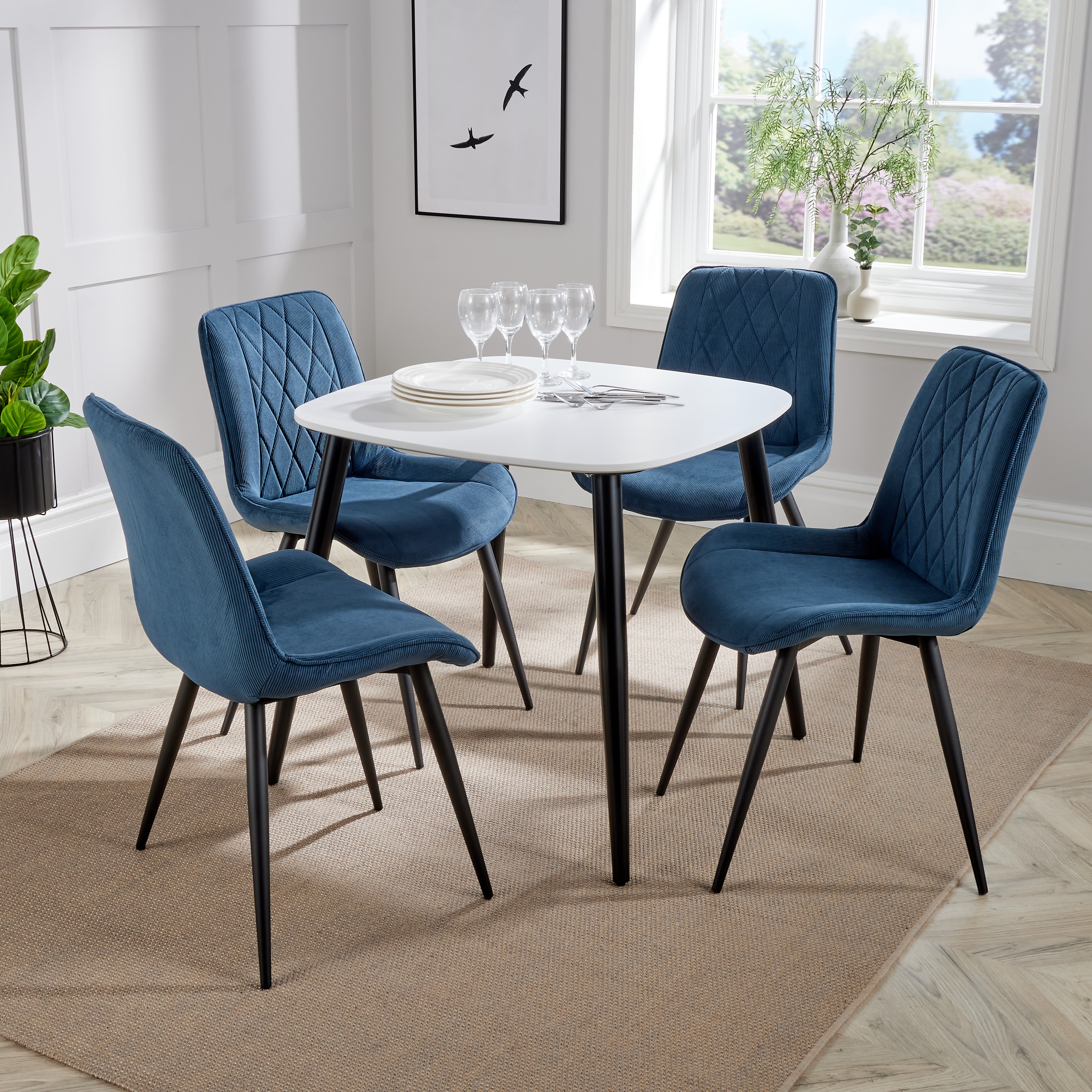 NEXO Square Dining Table with 4 Diamond Stitch Fabric Chairs - White with Blue - Colton & Sawyer
