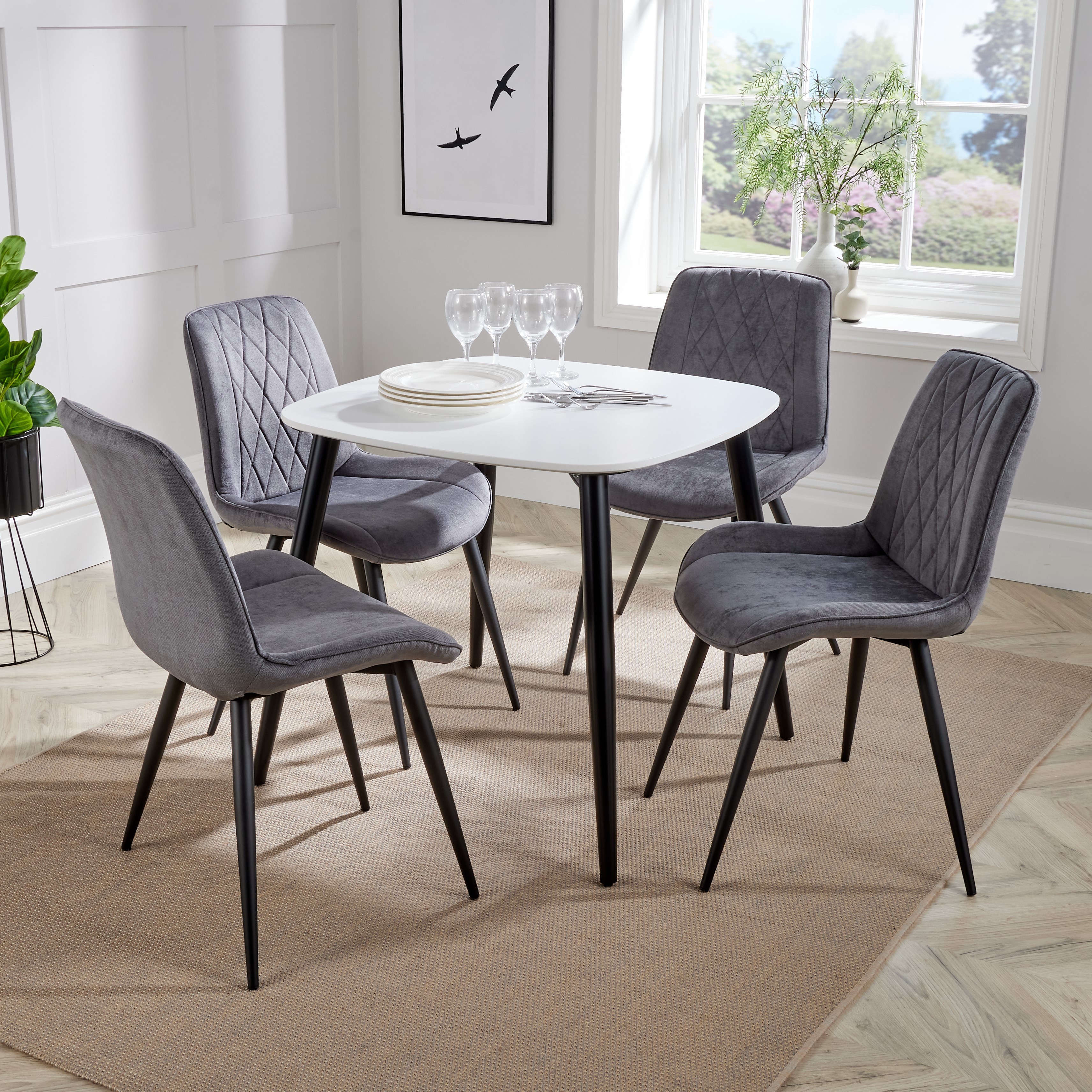 NEXO Square Dining Table with 4 Diamond Stitch Fabric Chairs - White with Grey - Colton & Sawyer