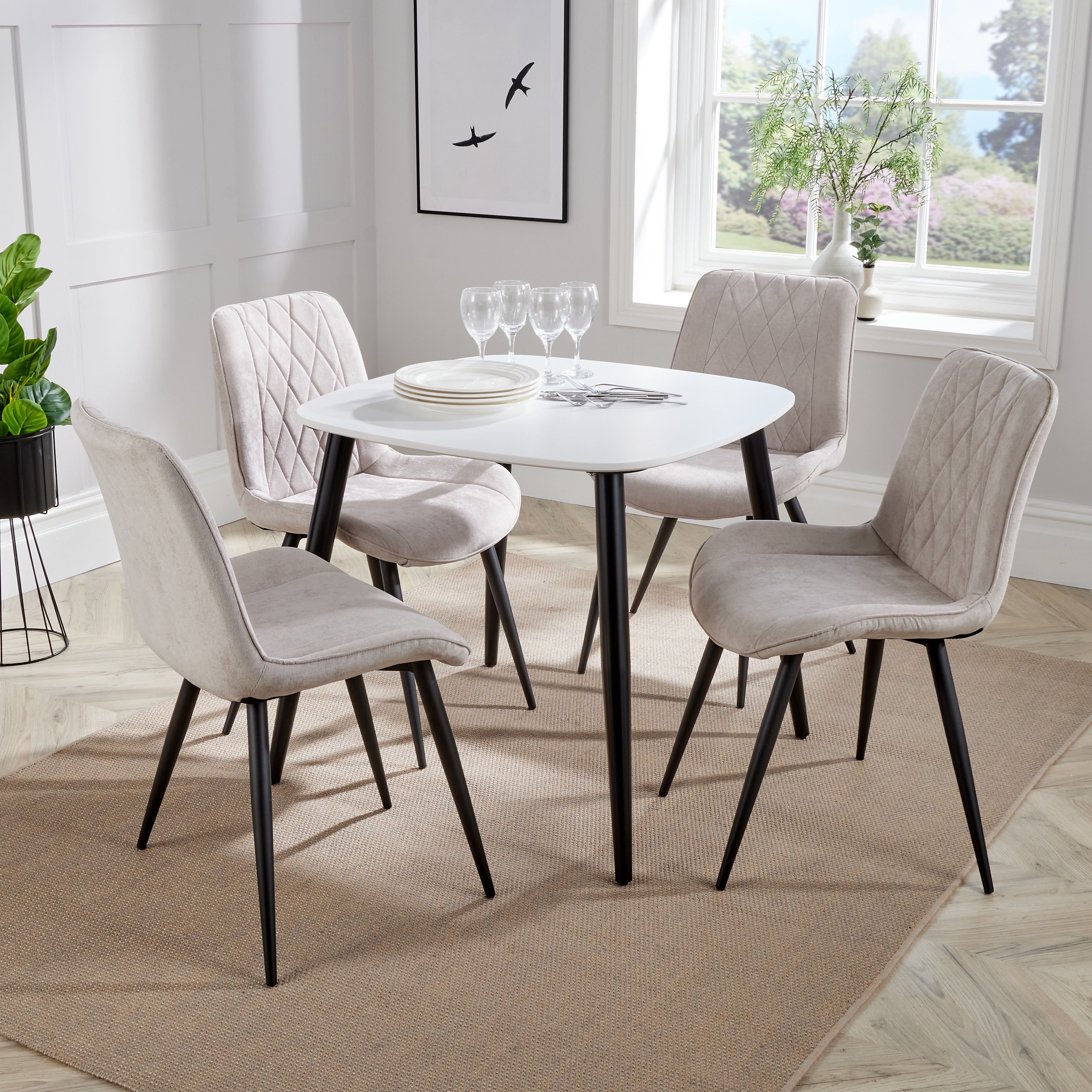 NEXO Square Dining Table with 4 Diamond Stitch Fabric Chairs - White with Natural - Colton & Sawyer