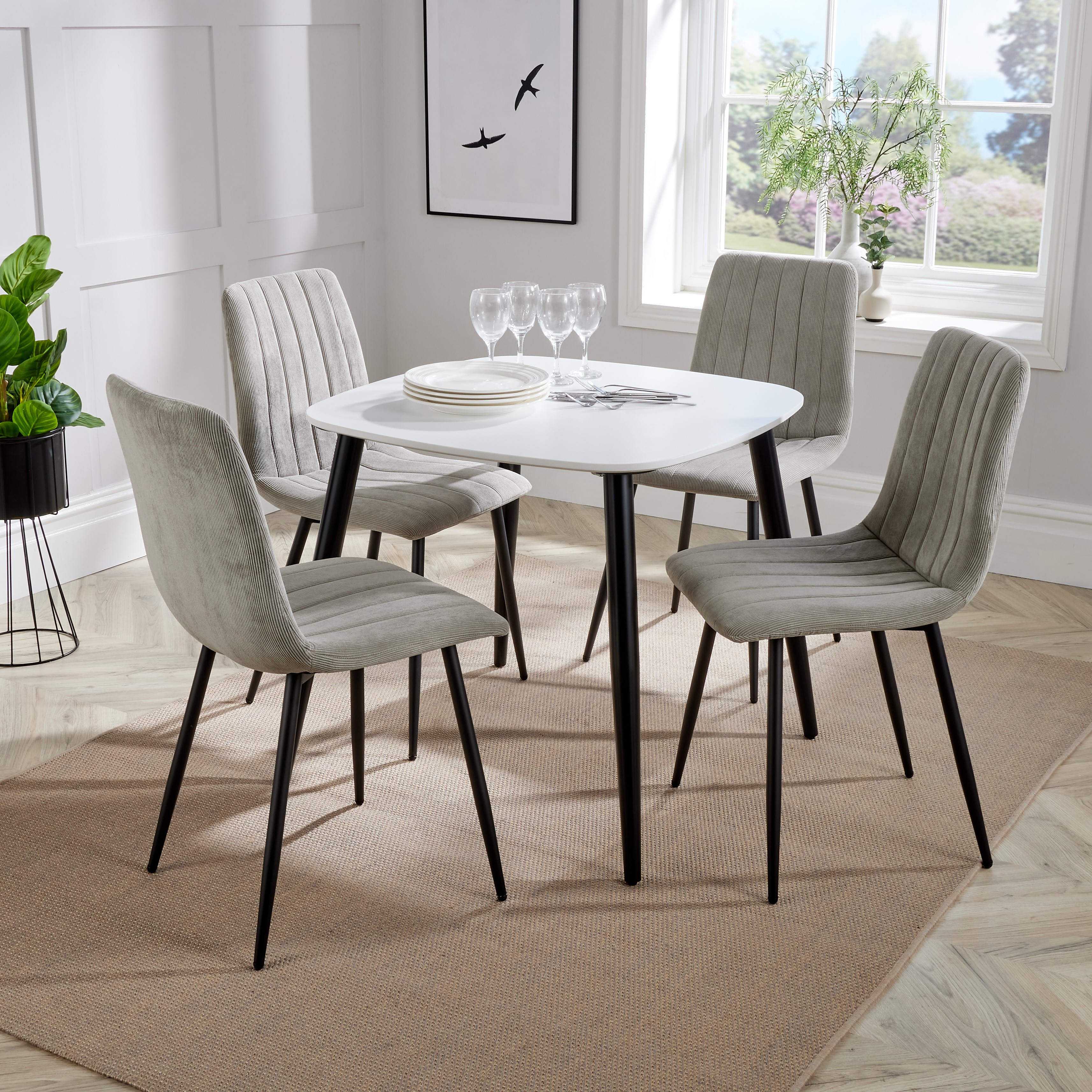 NEXO Square Dining Table with 4 Straight Stitch Fabric Chairs - White with Light Grey - Colton & Sawyer