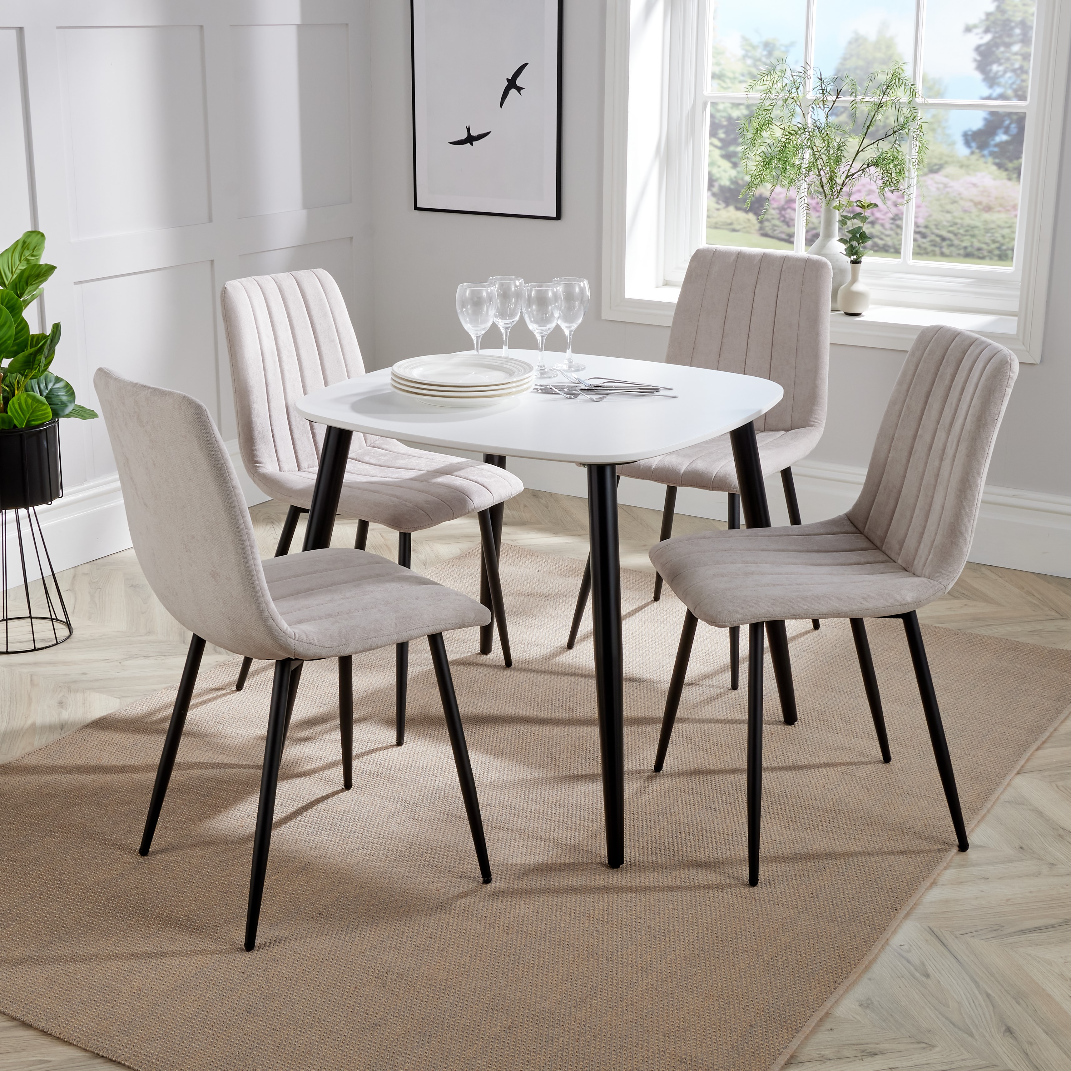NEXO Square Dining Table with 4 Straight Stitch Fabric Chairs - White with Natural - Colton & Sawyer