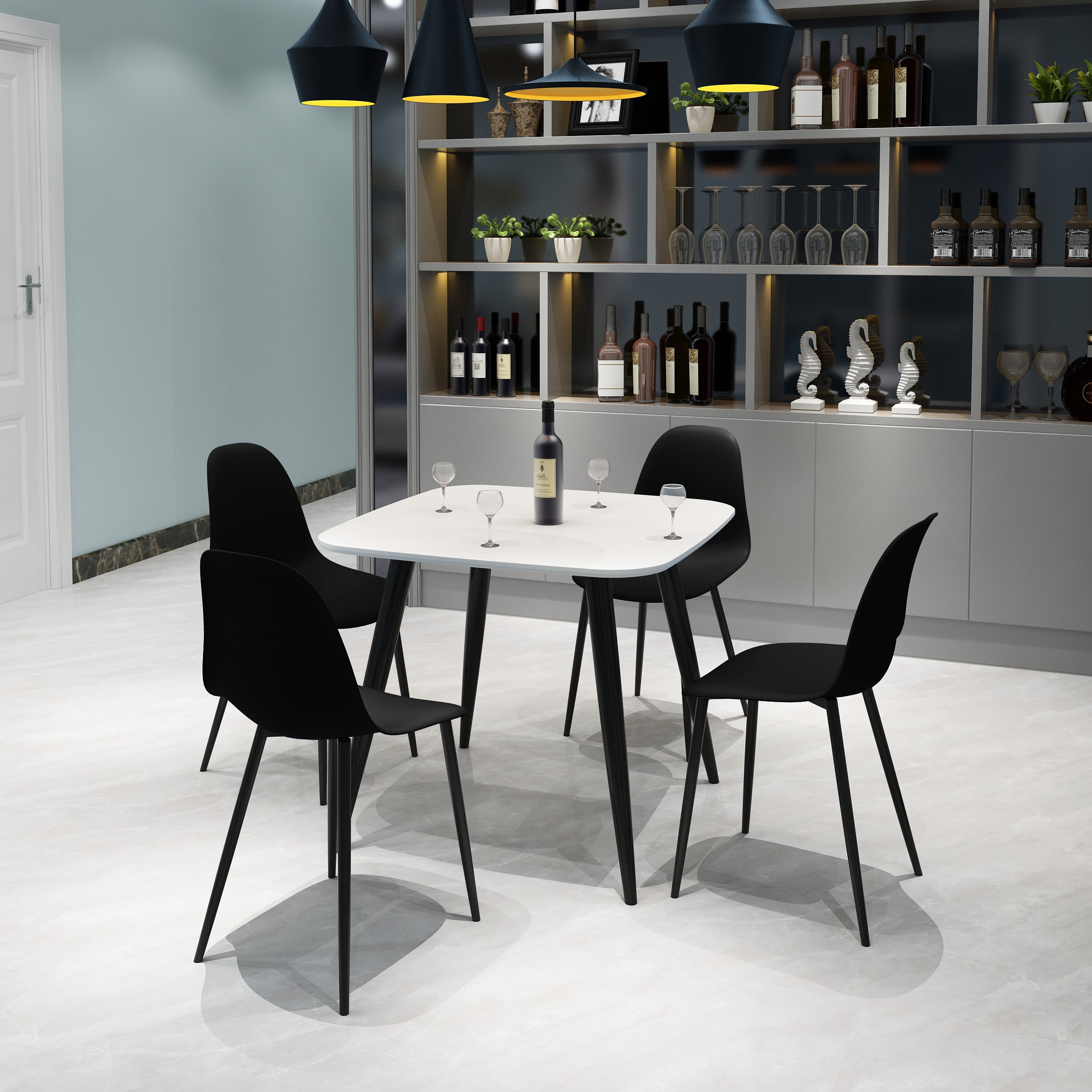 NEXO Square Dining Table with 4 Curve Plastic Chairs - White with Black - Colton & Sawyer