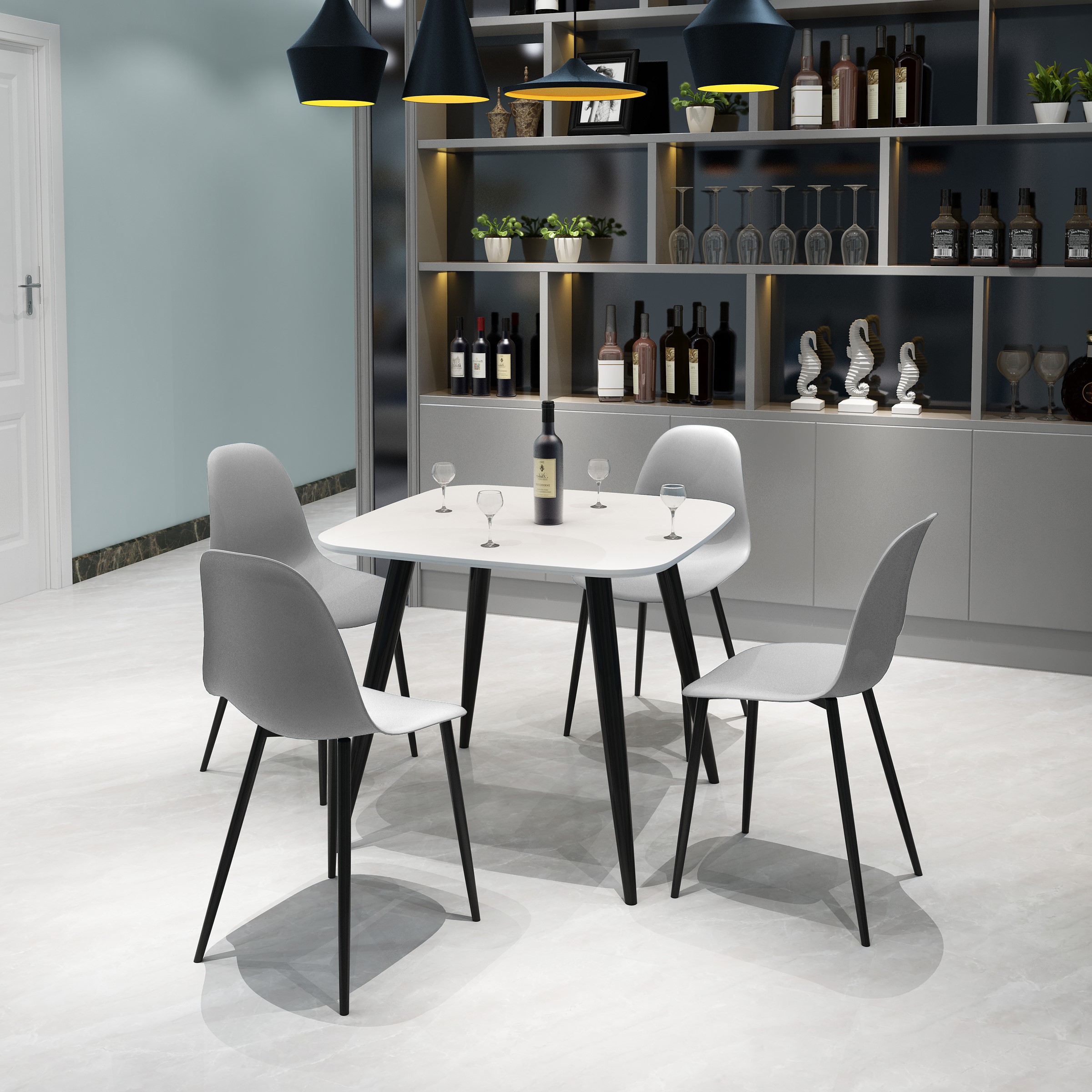 NEXO Square Dining Table with 4 Curve Plastic Chairs - White with Grey - Colton & Sawyer