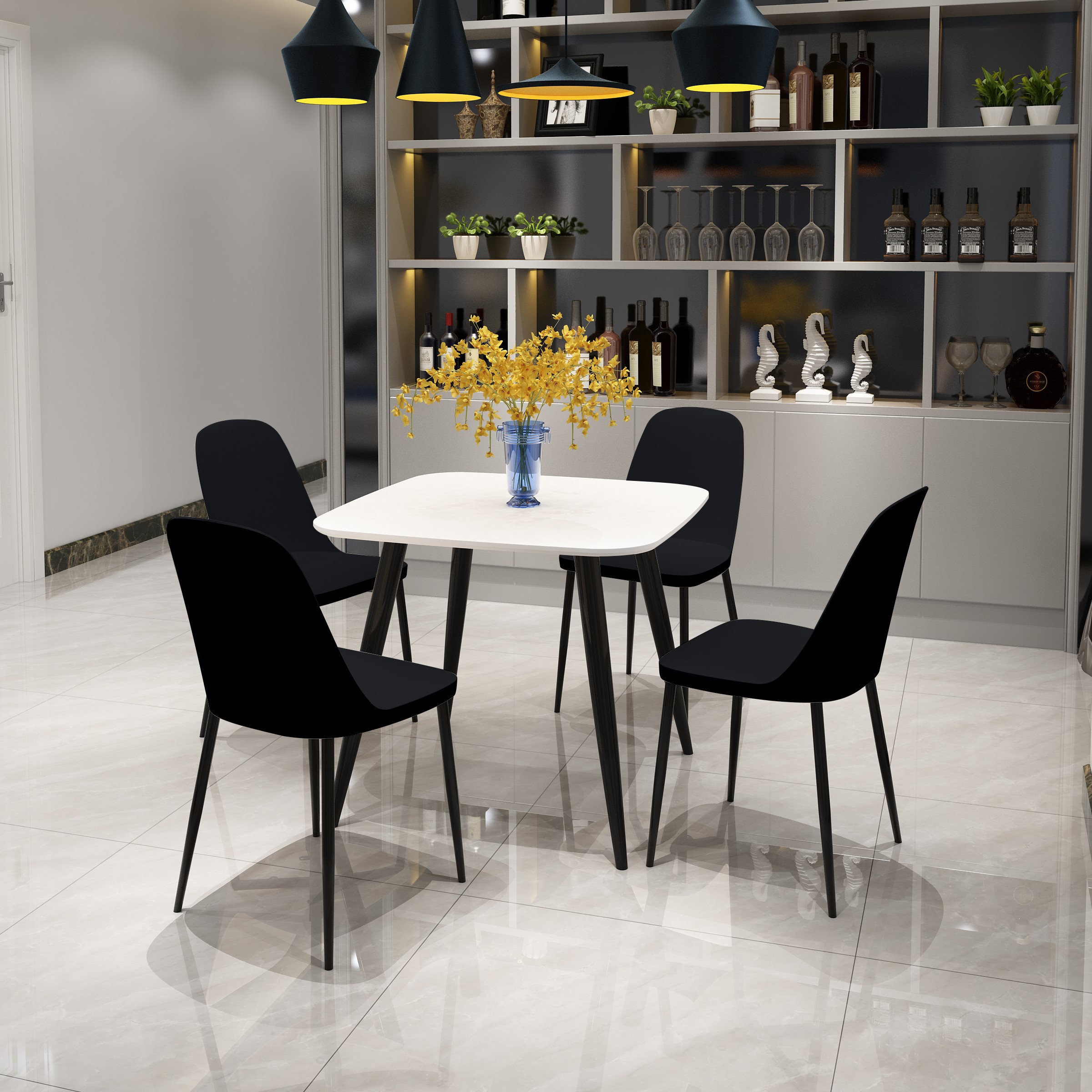 NEXO Square Dining Table with 4 Duo Plastic Chairs - White with Black - Colton & Sawyer