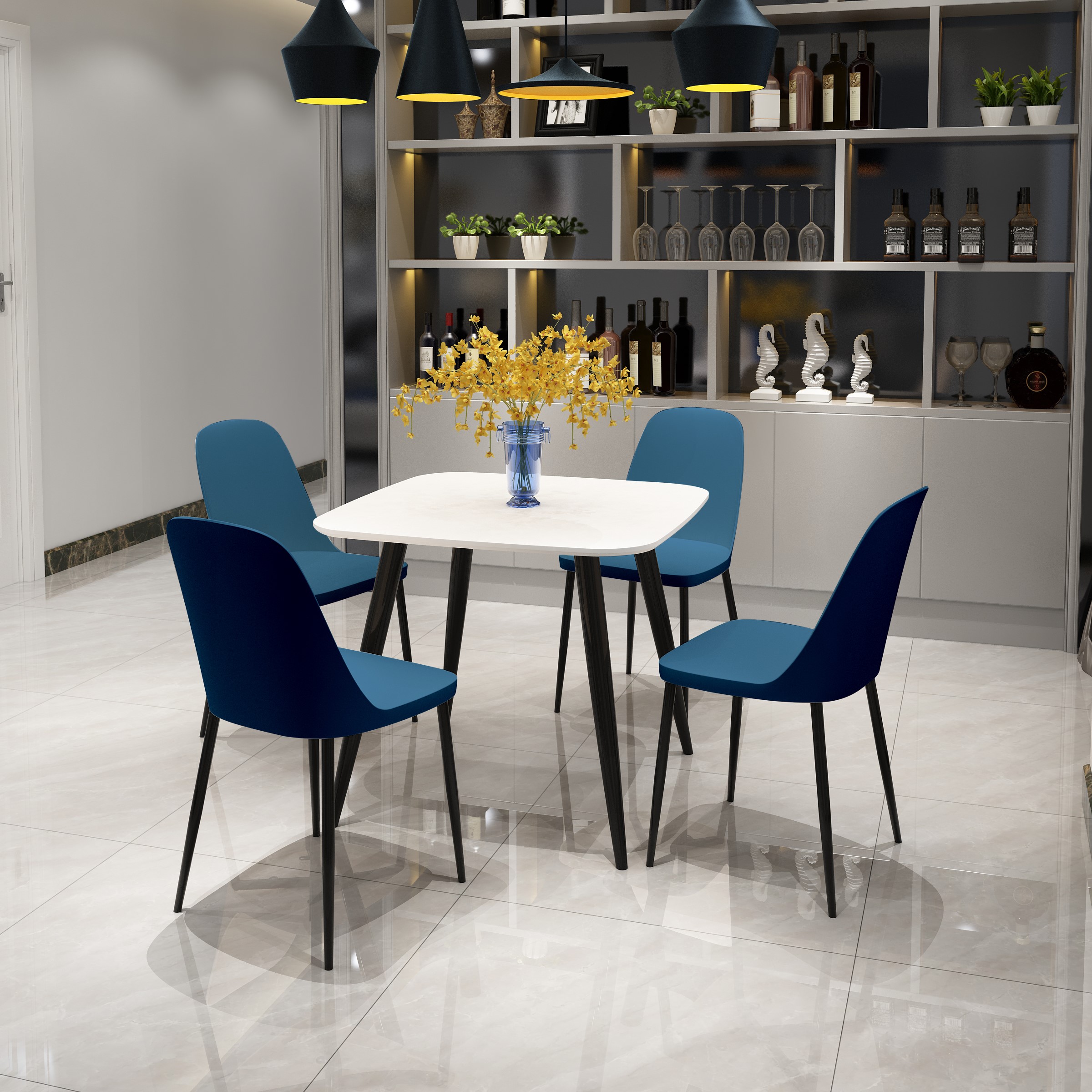 NEXO Square Dining Table with 4 Duo Plastic Chairs - White with Blue - Colton & Sawyer