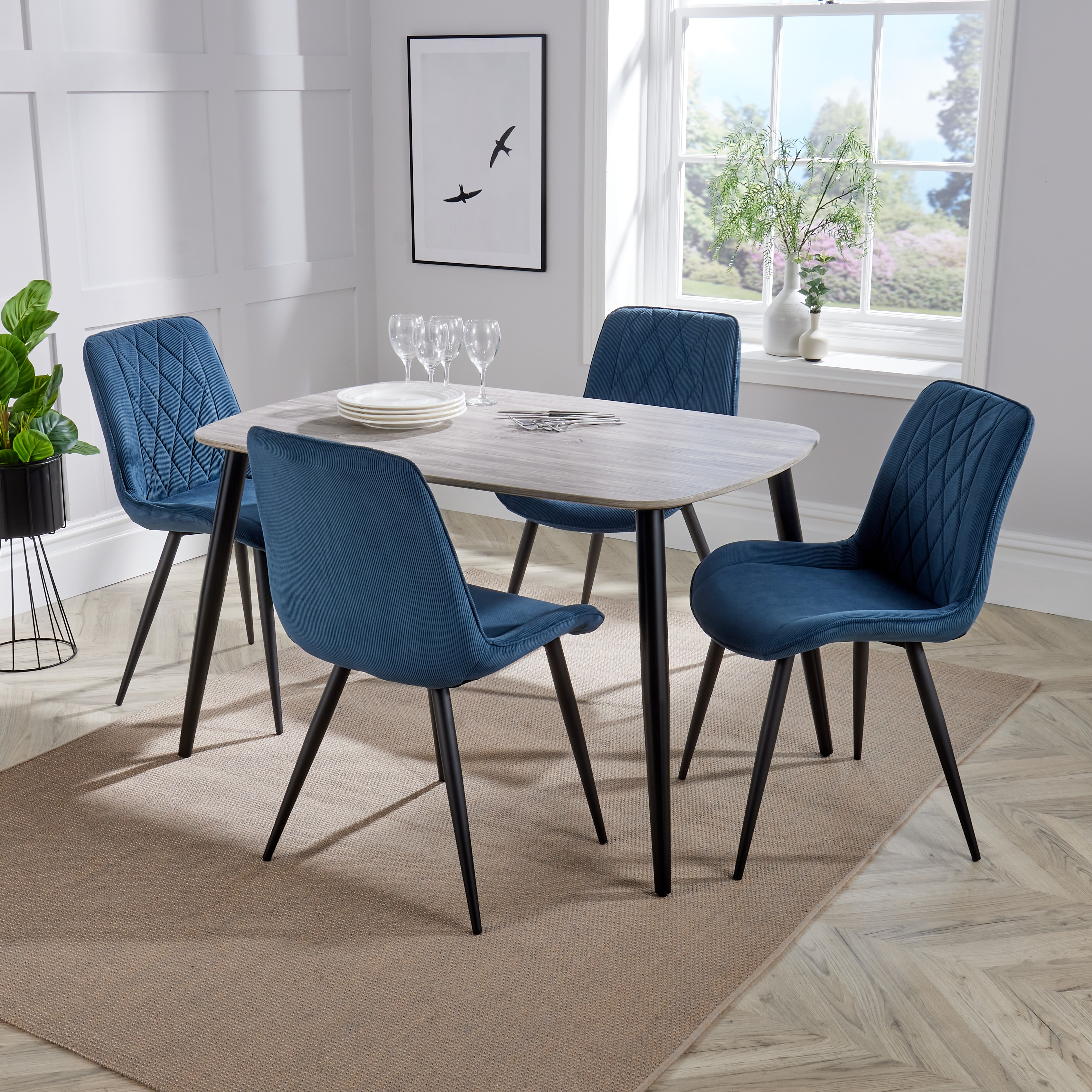 ASHES Rectangular Wood Dining Table with 4 Fabric Chairs Set - Grey, 120cm - Colton & Sawyer