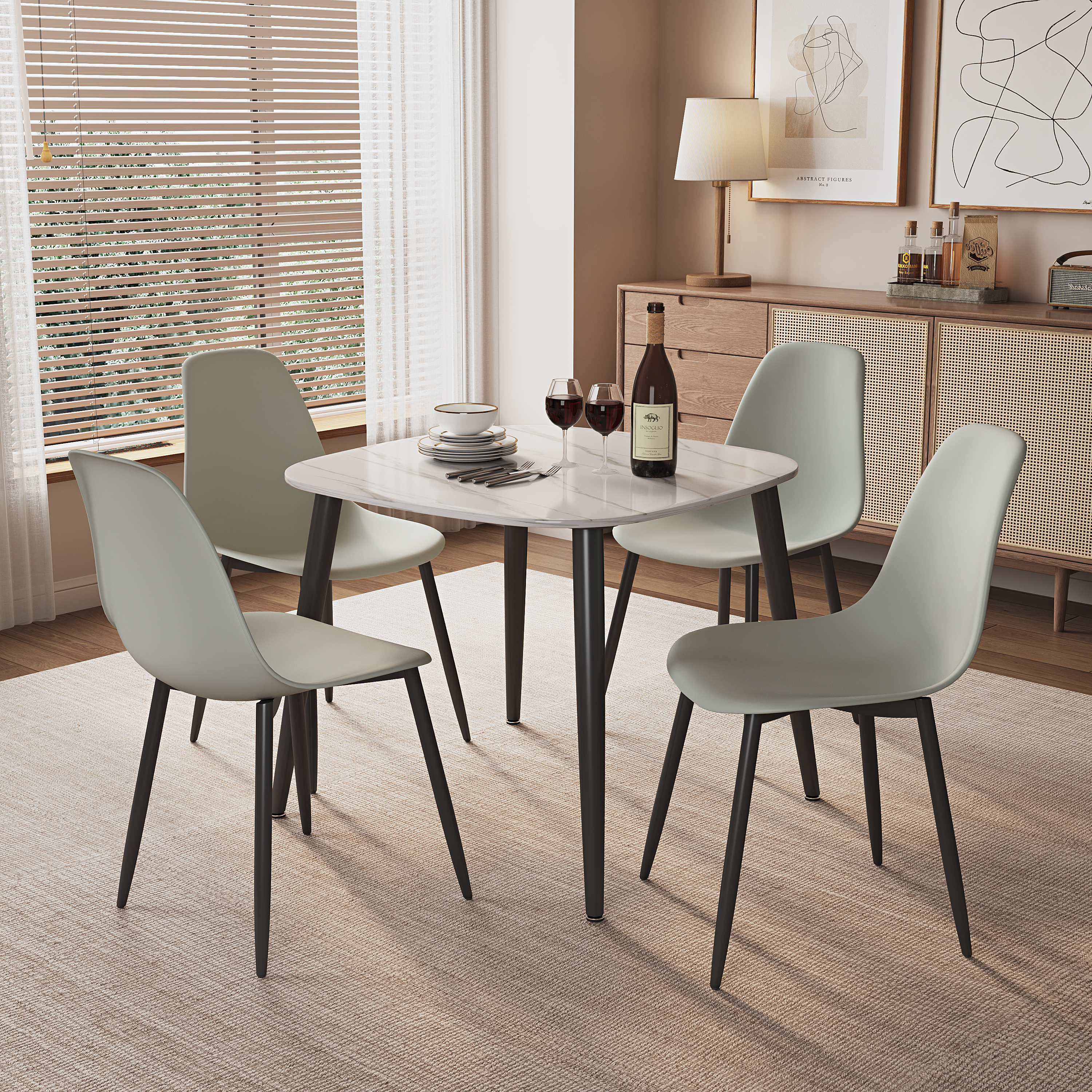 NEXO Sintered Stone Square Dining Table with 4 Chairs - Gloss White with Grey - Colton & Sawyer