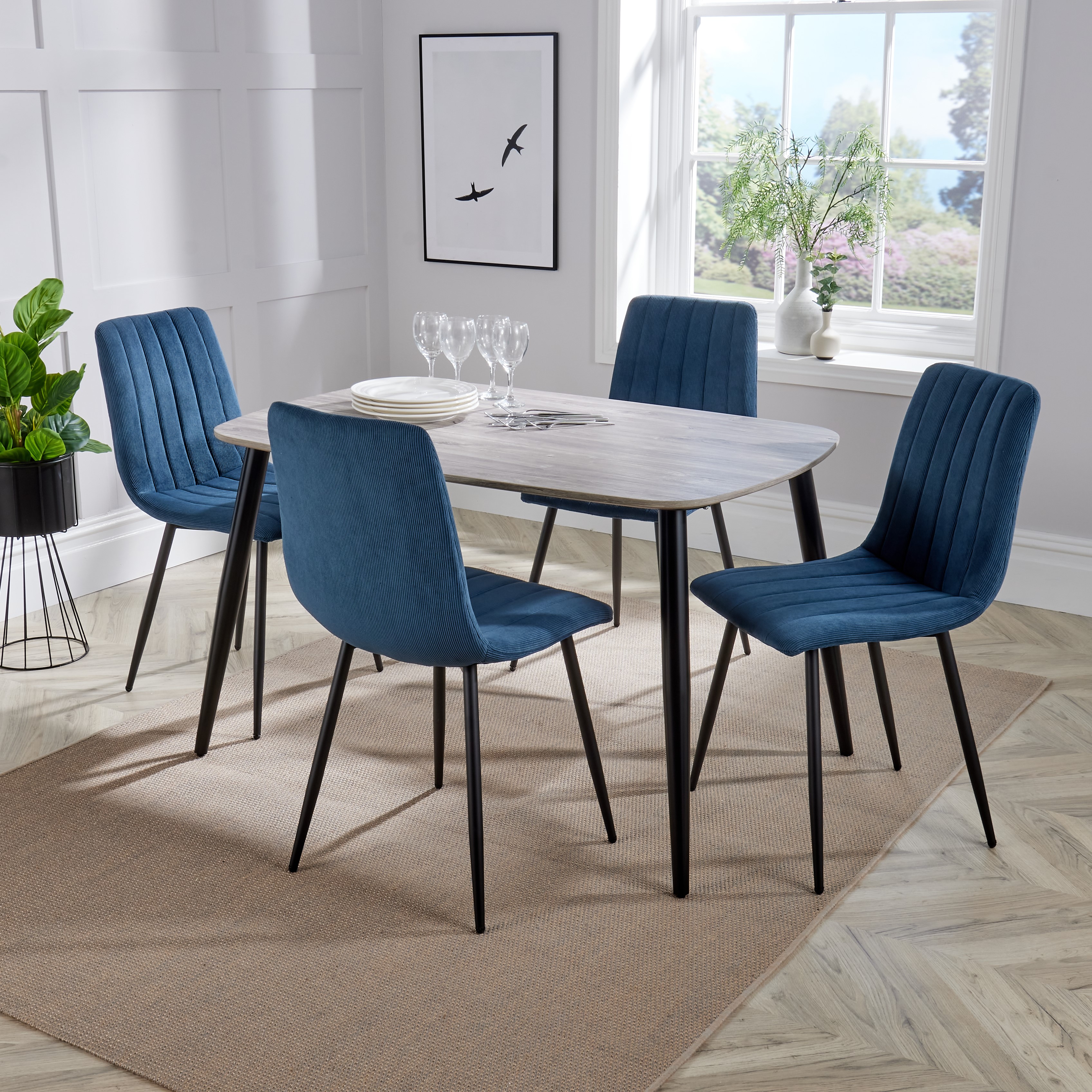 NEXO Rectangular Dining Table with 4 Straight Stitch Fabric Chairs - Grey Oak with Blue - Colton & Sawyer