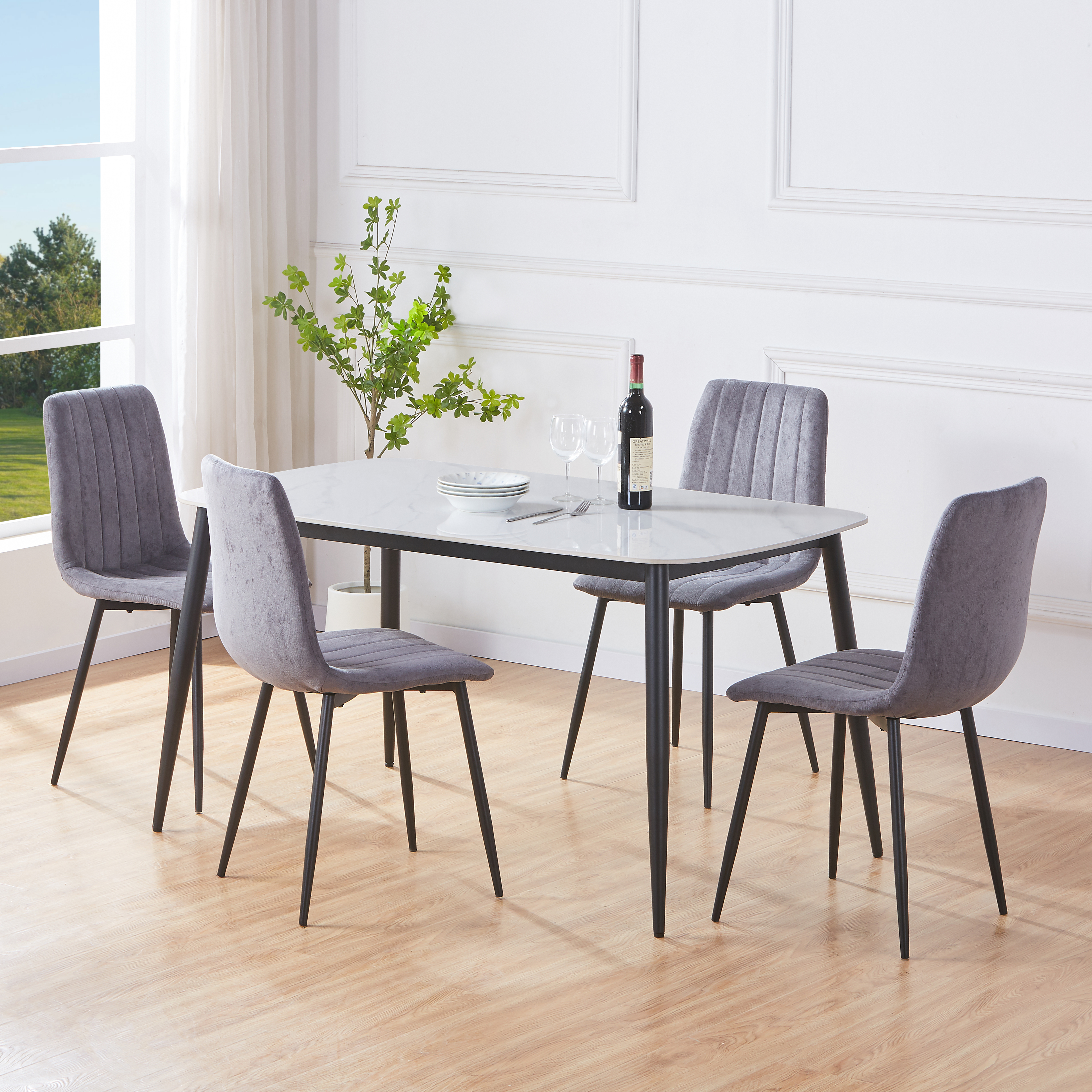 NEXO Sintered Stone Rectangular Dining Table with 4 Straight Stitch Fabric Chairs - Gloss White with Grey - Colton & Sawyer