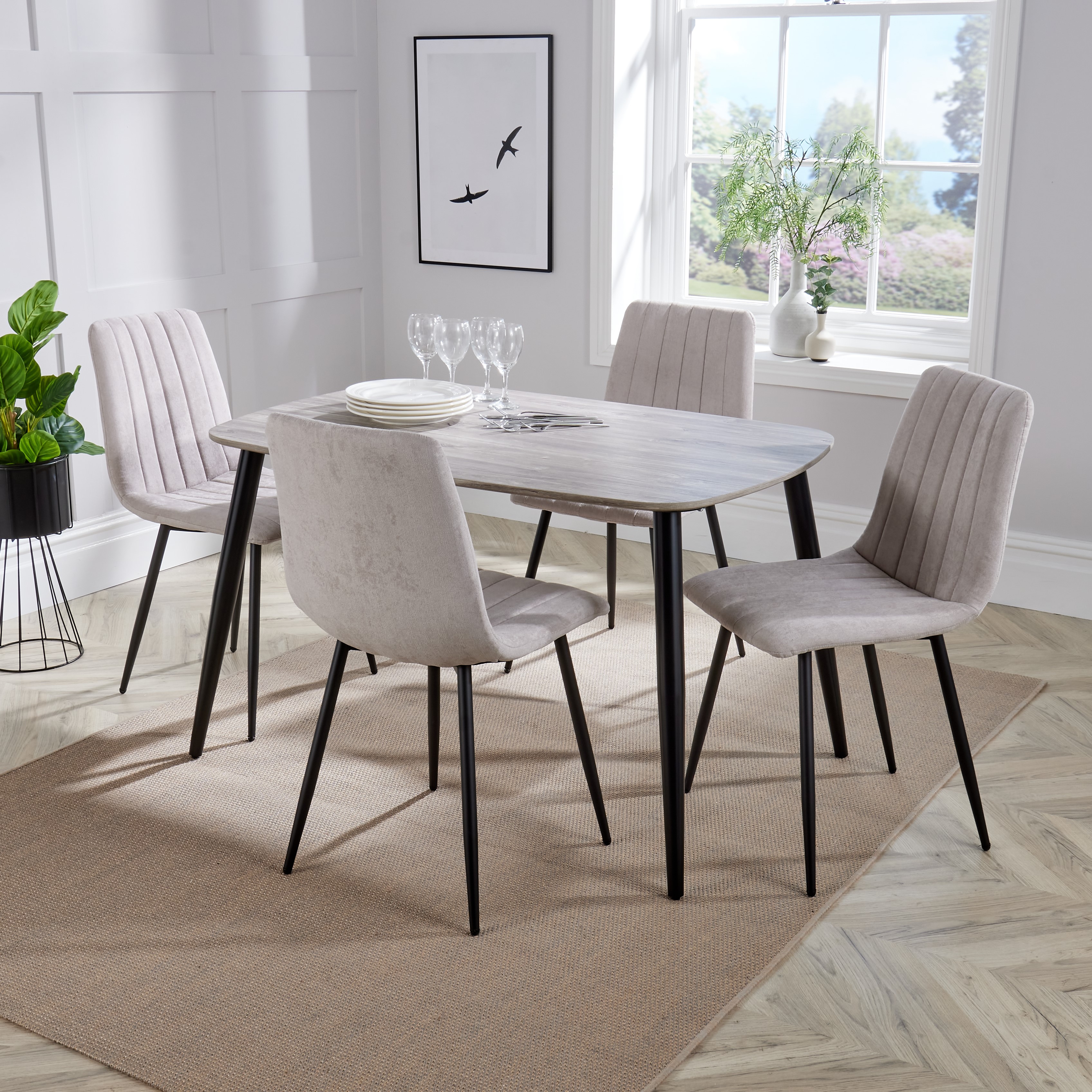 NEXO Rectangular Dining Table with 4 Straight Stitch Fabric Chairs - Grey Oak with Natural - Colton & Sawyer