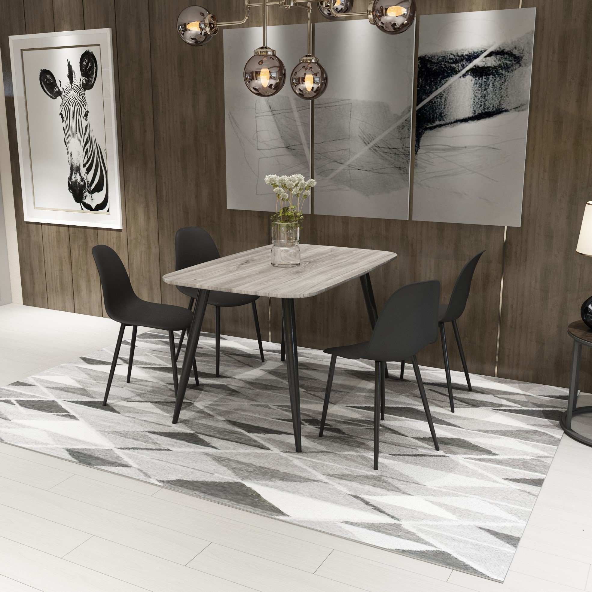 NEXO Rectangular Dining Table with 4 Curve Plastic Chairs - Grey Oak with Black - Colton & Sawyer