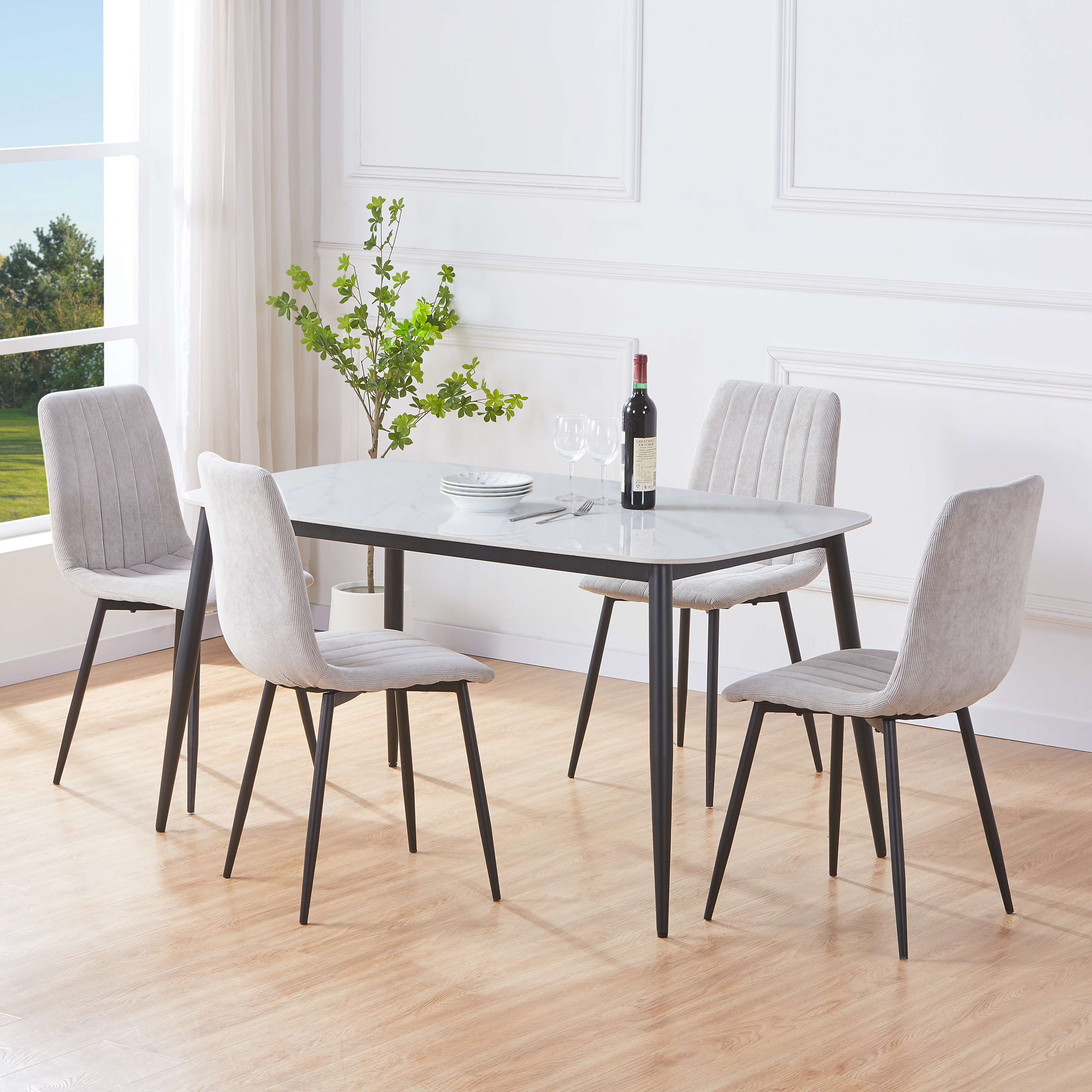 NEXO Sintered Stone Rectangular Dining Table with 4 Cord Straight Stitch Fabric Chairs - Light Grey - Colton & Sawyer