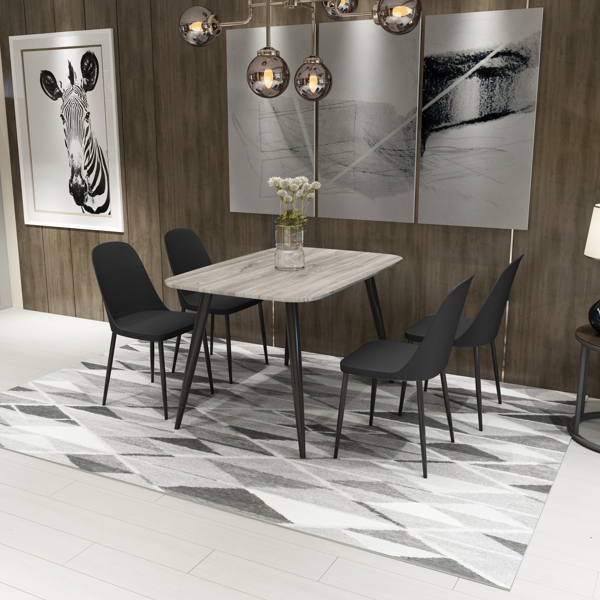 NEXO Rectangular Dining Table with 4 Duo Plastic Chairs - Grey Oak with Black - Colton & Sawyer