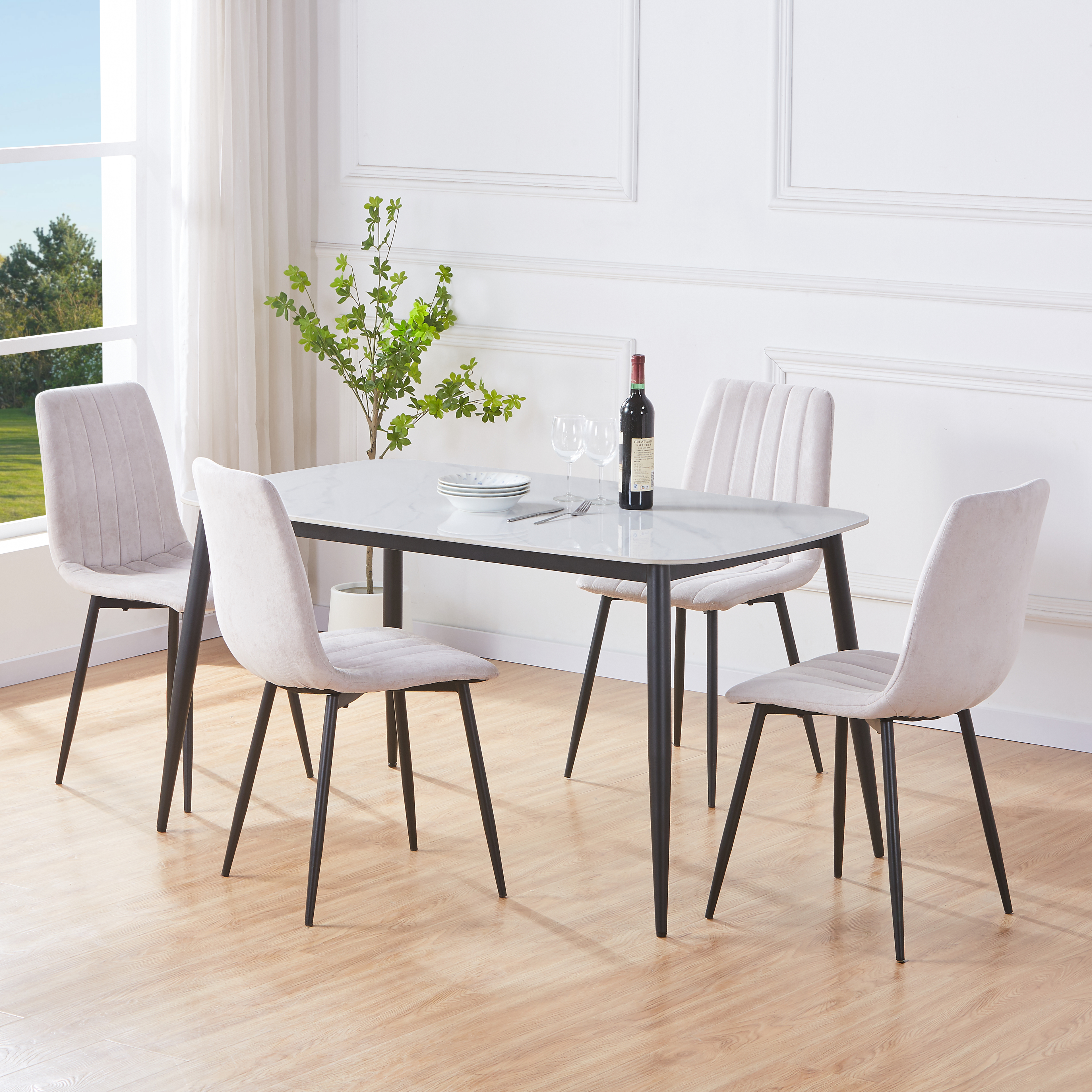 NEXO Sintered Stone Rectangular Dining Table with 4 Straight Stitch Fabric Chairs - Gloss White with Natural - Colton & Sawyer