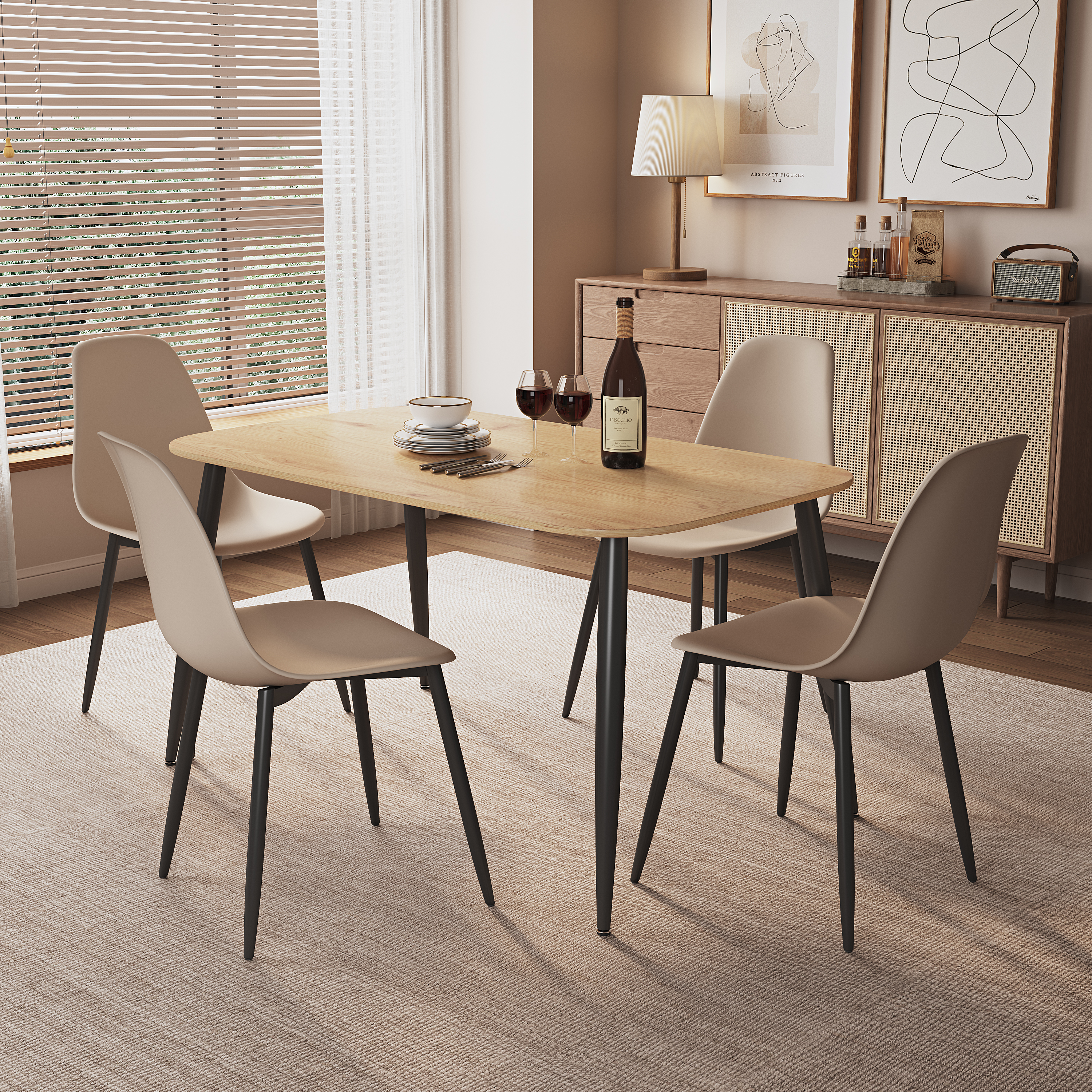 NEXO Rectangular Dining Table with 4 Curve Plastic Chairs - Light Oak with Calico - Colton & Sawyer