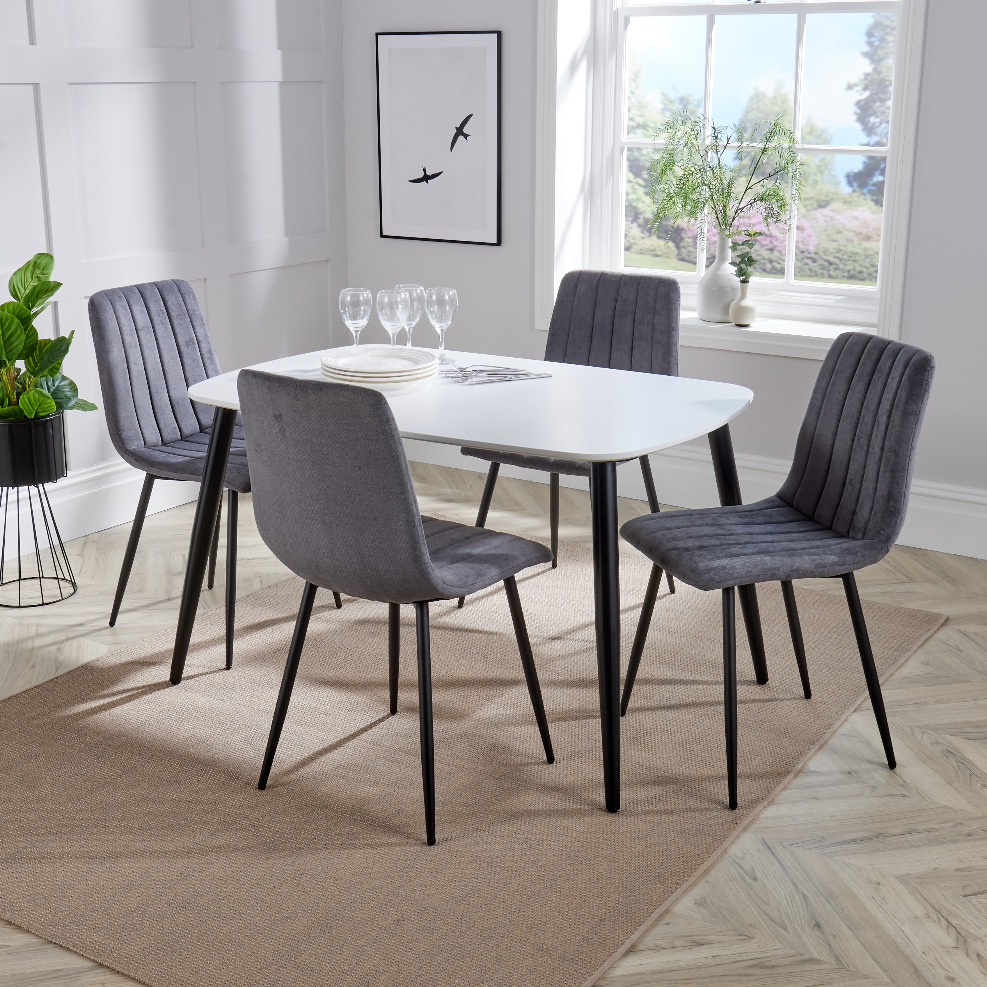 NEXO Rectangular Dining Table with 4 Straight Stitch Fabric Chairs - White with Grey - Colton & Sawyer