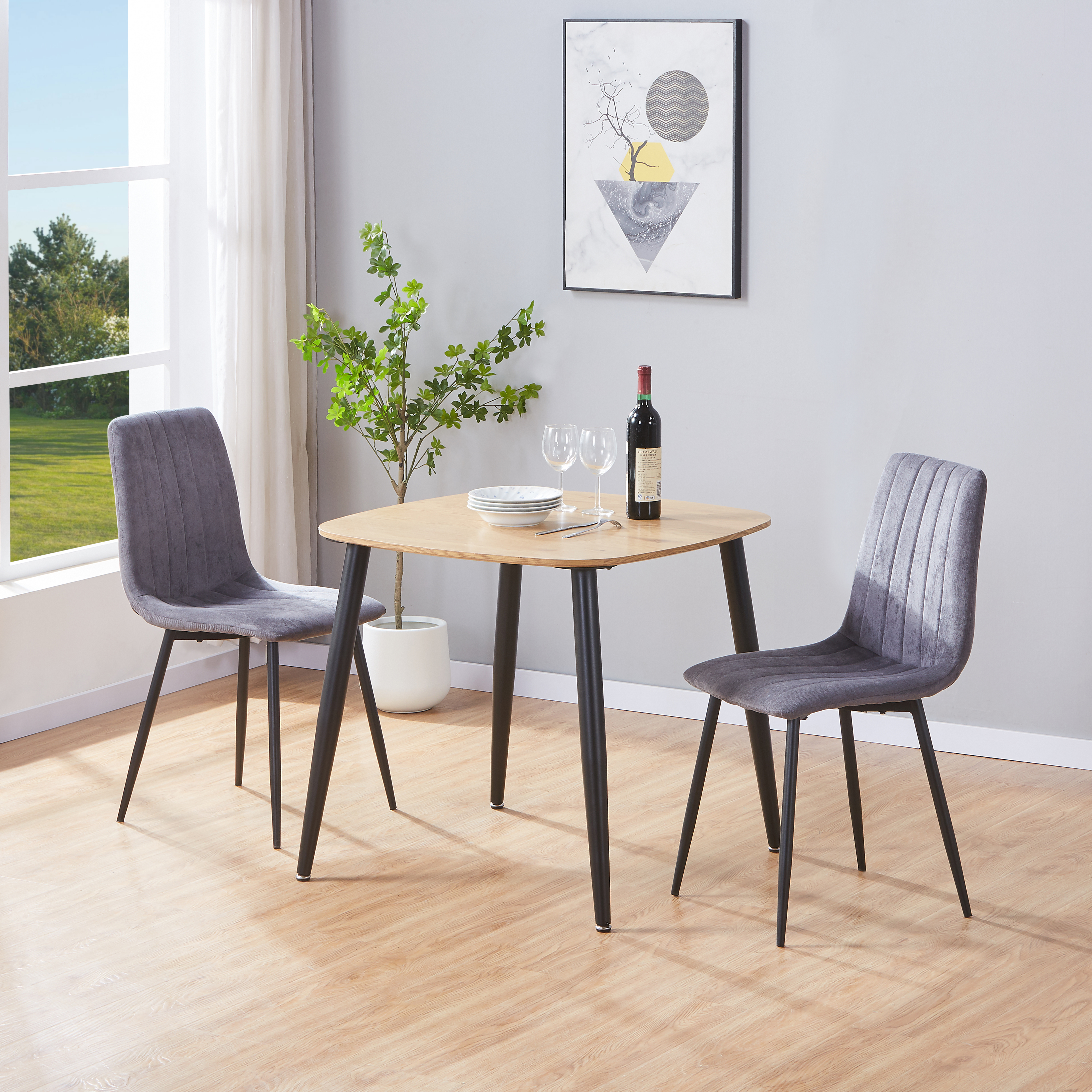 NEXO Square Dining Table with 2 Straight Stitch Fabric Chairs - Light Oak with Grey - Colton & Sawyer