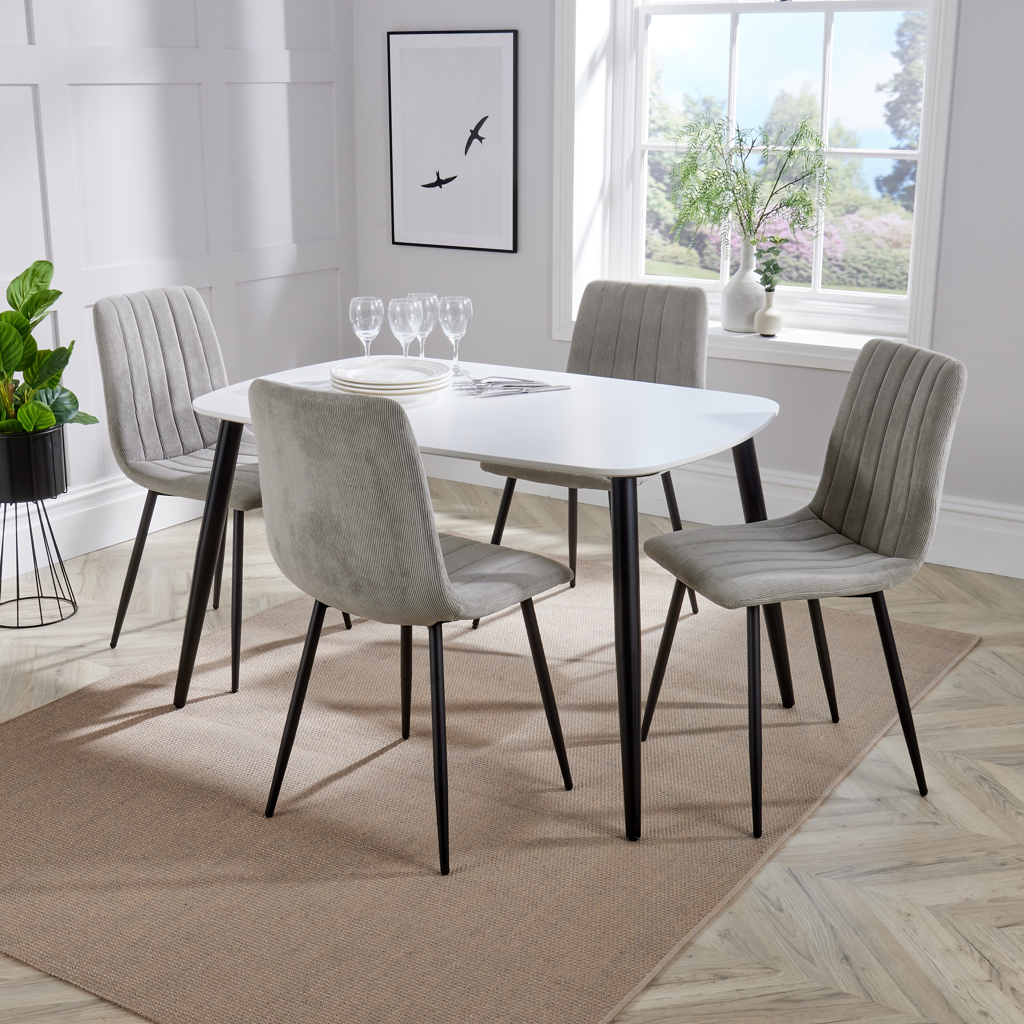 NEXO Rectangular Dining Table with 4 Straight Stitch Fabric Chairs - White with Light Grey - Colton & Sawyer