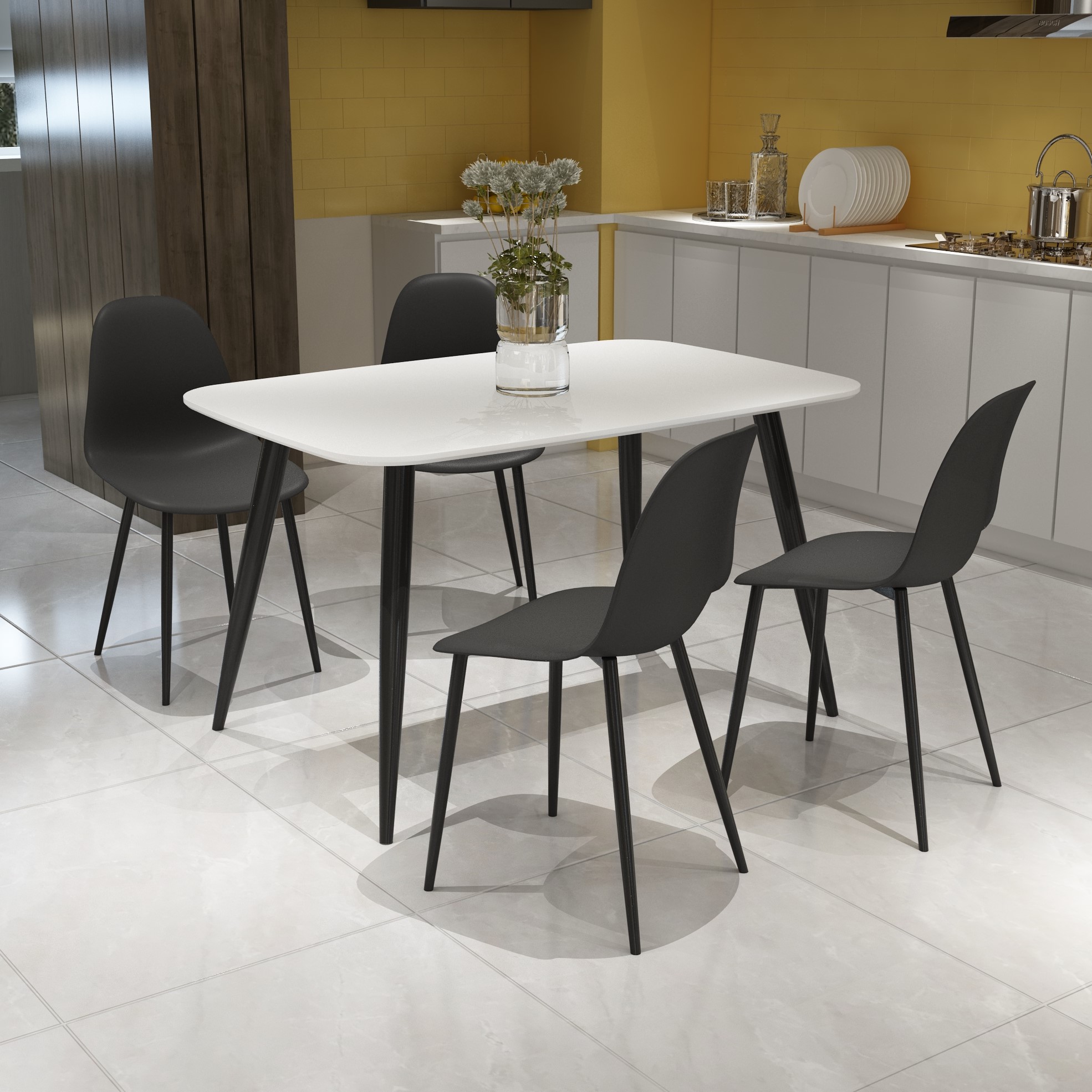 NEXO Rectangular Dining Table with 4 Curve Plastic Chairs - White with Black - Colton & Sawyer