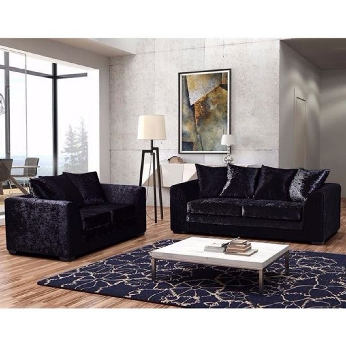 ARABIA Crushed Velvet 3 Seater and 2 Seater Scatterback Sofa Set - Black - Home Done