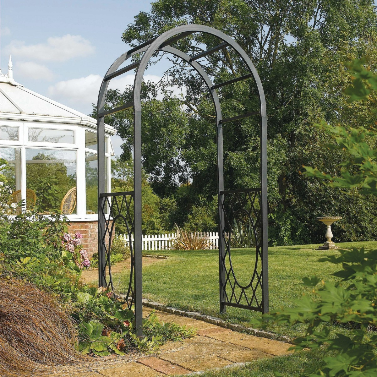 Heavy Duty Metal Frame Lattice Detailing ﻿Wrenbury Round Top Ach - Grey - Etta Gardens