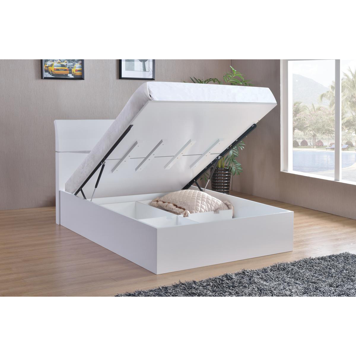 Tintagel White High Gloss Storage Ottoman Bed Gas Lifted - King Size - Sigrid Mills