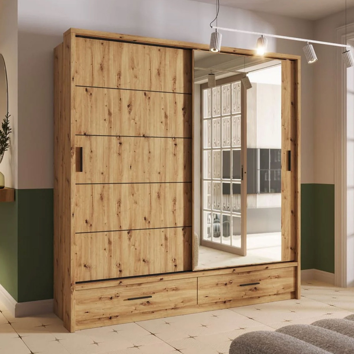 IRVINE 2 Door Mirrored Sliding Wardrobe with 2 Drawers Medium Oak - 200cm - Art Nest