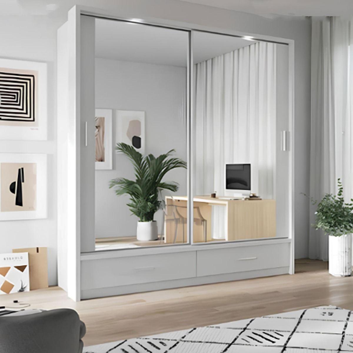 IRVINE II 2 Door Mirrored Sliding Wardrobe with 2 Drawer White Matt - 200cm - Art Nest