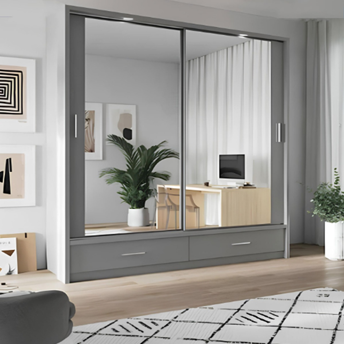Sliding Wardrobe - IRVINE 2 Door Mirrored Wardrobe Grey Matt 200cm - Art Nest