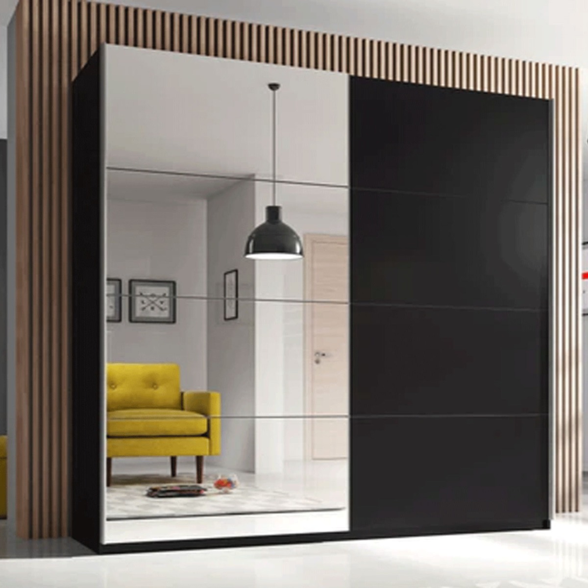Sliding Wardrobe - VORTEX 2 Door Mirrored Wardrobe Black Matt 180cm - Art Nest
