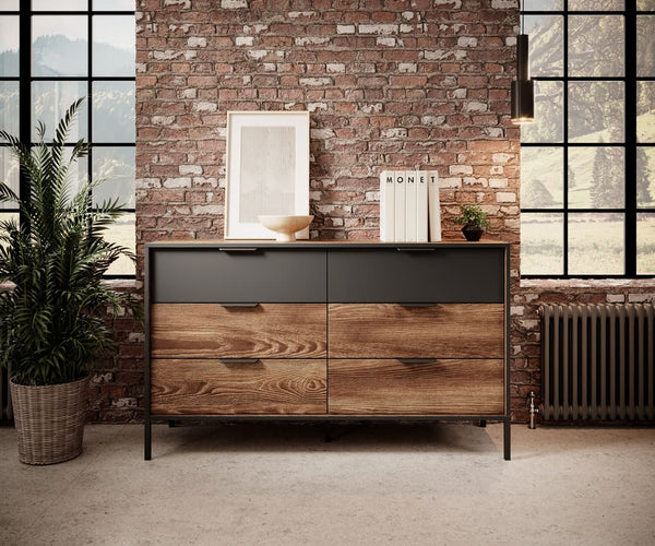 MONTAGUE Oak Finish Chest of Drawers - Large-sized, 6 Drawers - Art Nest