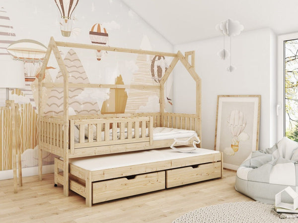 Single Bed - YORKSHIRE Wooden 3ft Bed with Trundle and Bonnell Mattresses Pine - Art Nest