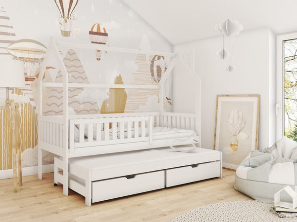 Single Bed - YORKSHIRE Wooden 3ft Bed with Trundle and Bonnell Mattresses White Matt - Art Nest