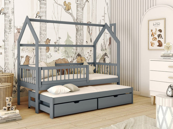 Single Bed - HOSTON Wooden 3ft Bed with Trundle and Bonnell Mattresses Graphite - Art Nest