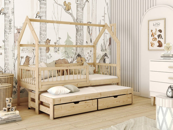 Single Bed - HOSTON Wooden 3ft Bed with Trundle and Foam Mattresses Pine - Art Nest